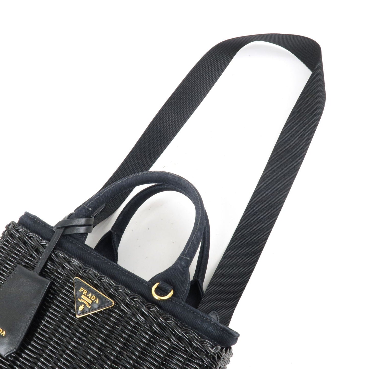 PRADA Wicker Canvas 2Way Basket Bag Hand Bag Black 1BG835