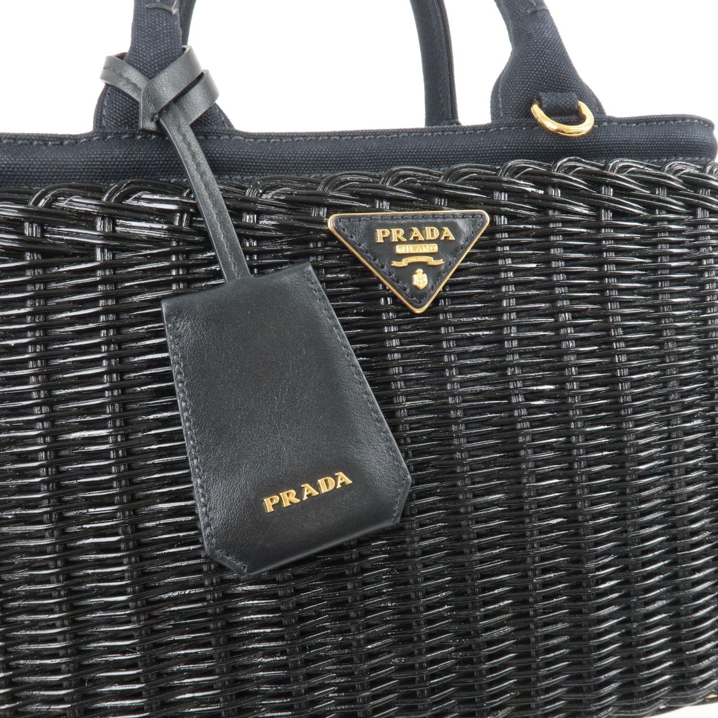 PRADA Wicker Canvas 2Way Basket Bag Hand Bag Black 1BG835