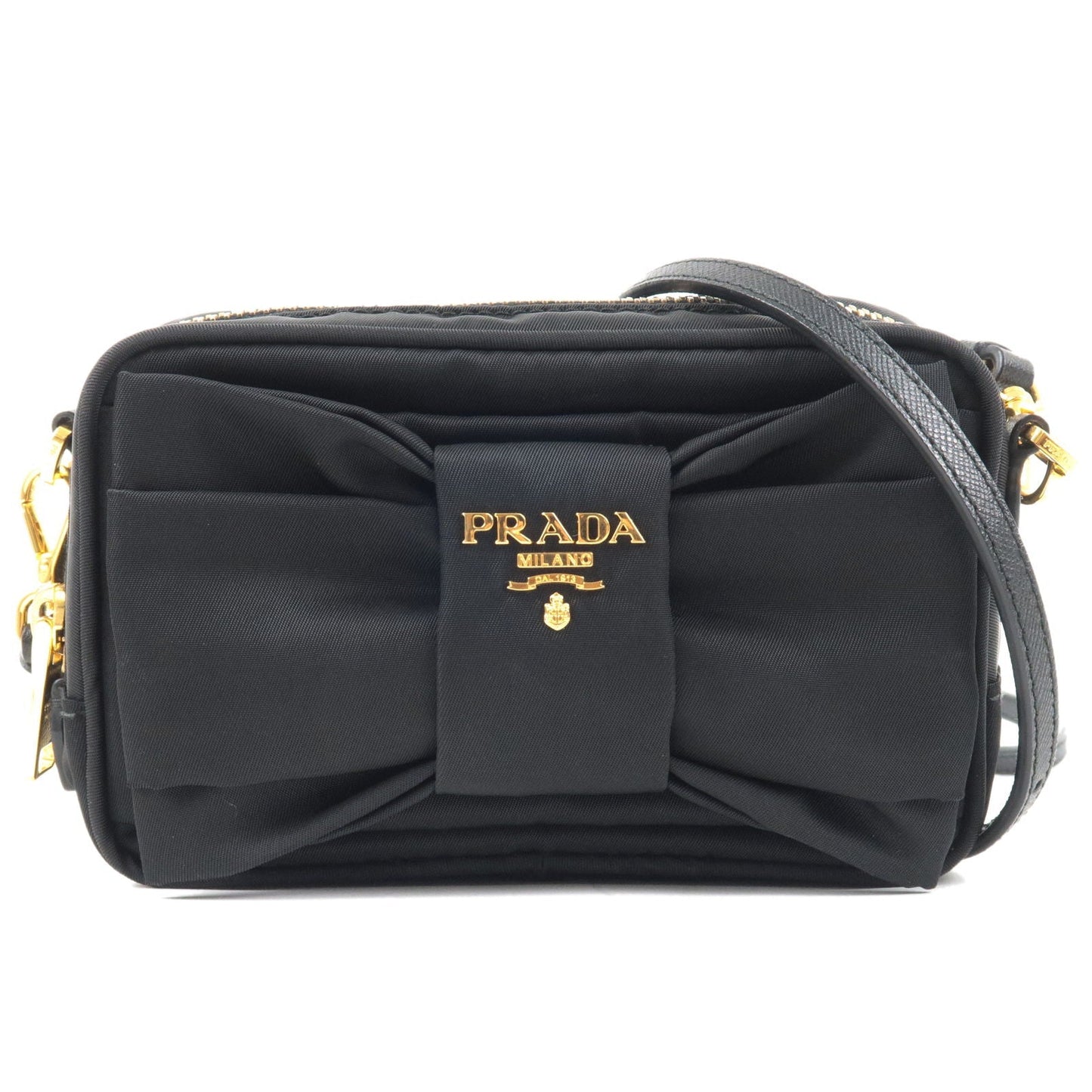 PRADA Logo Nylon Leather Ribbon Shoulder Bag Black 1N1727