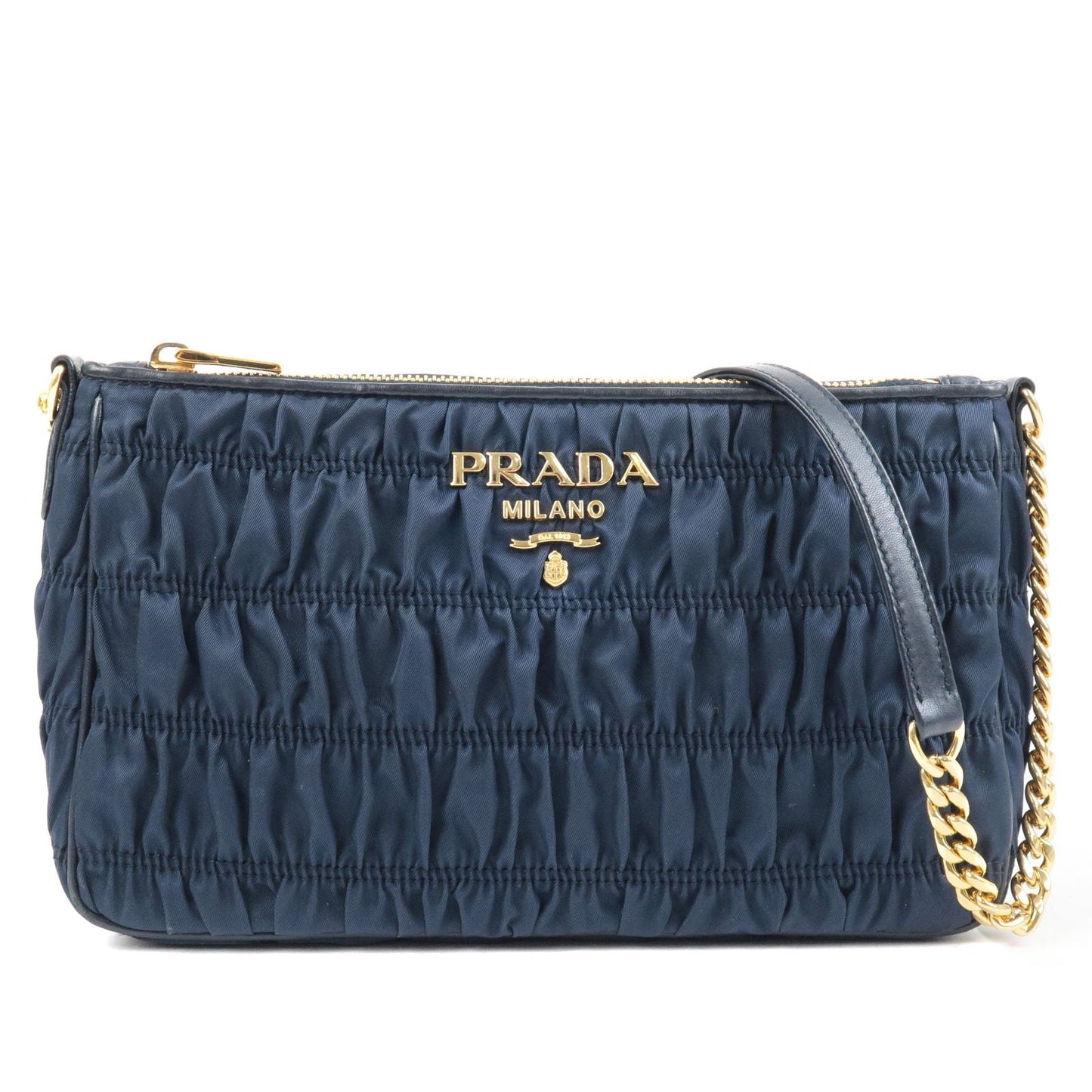 PRADA Logo Nylon Leather Chain Shoulder Bag Navy 1BH152