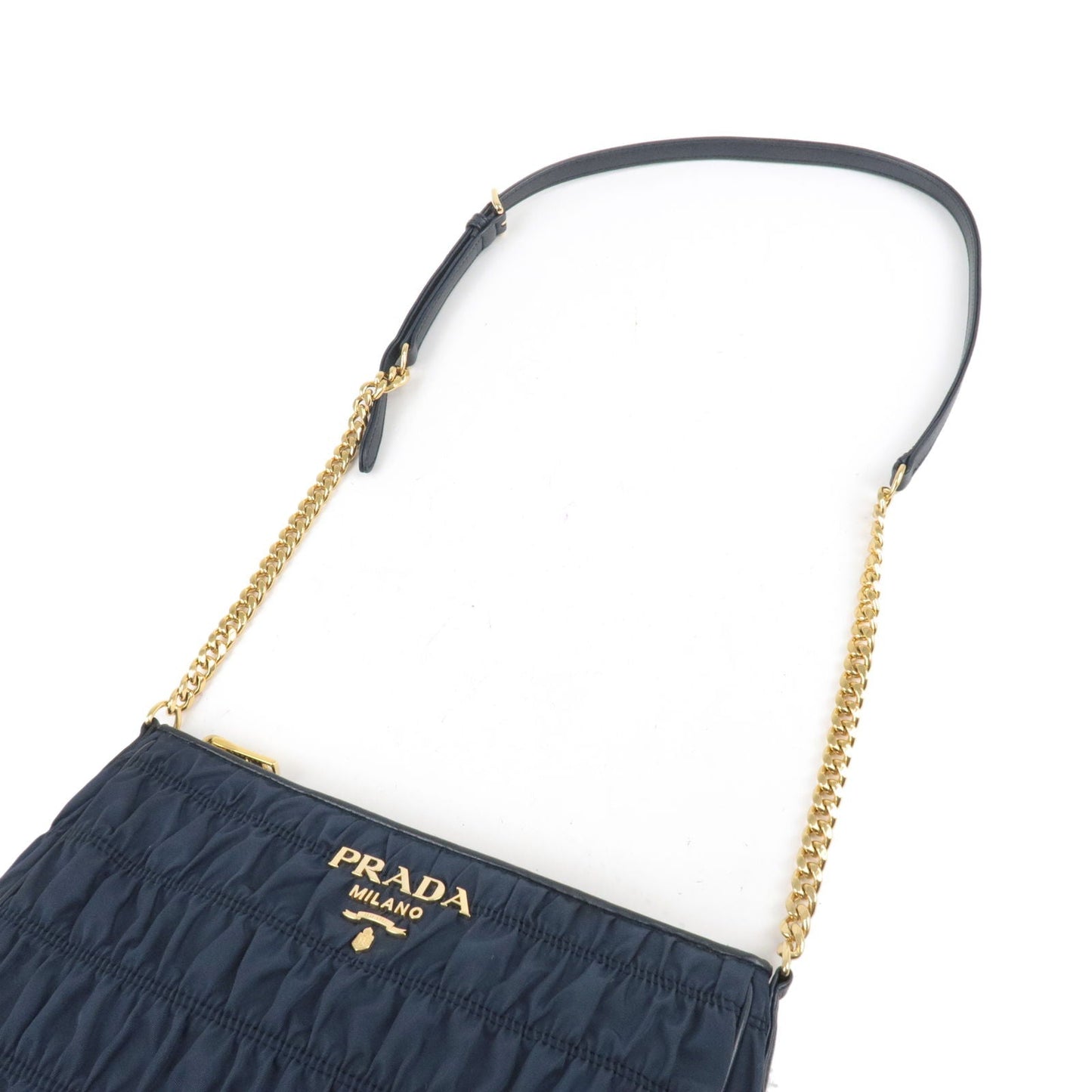 PRADA Logo Nylon Leather Chain Shoulder Bag Navy 1BH152