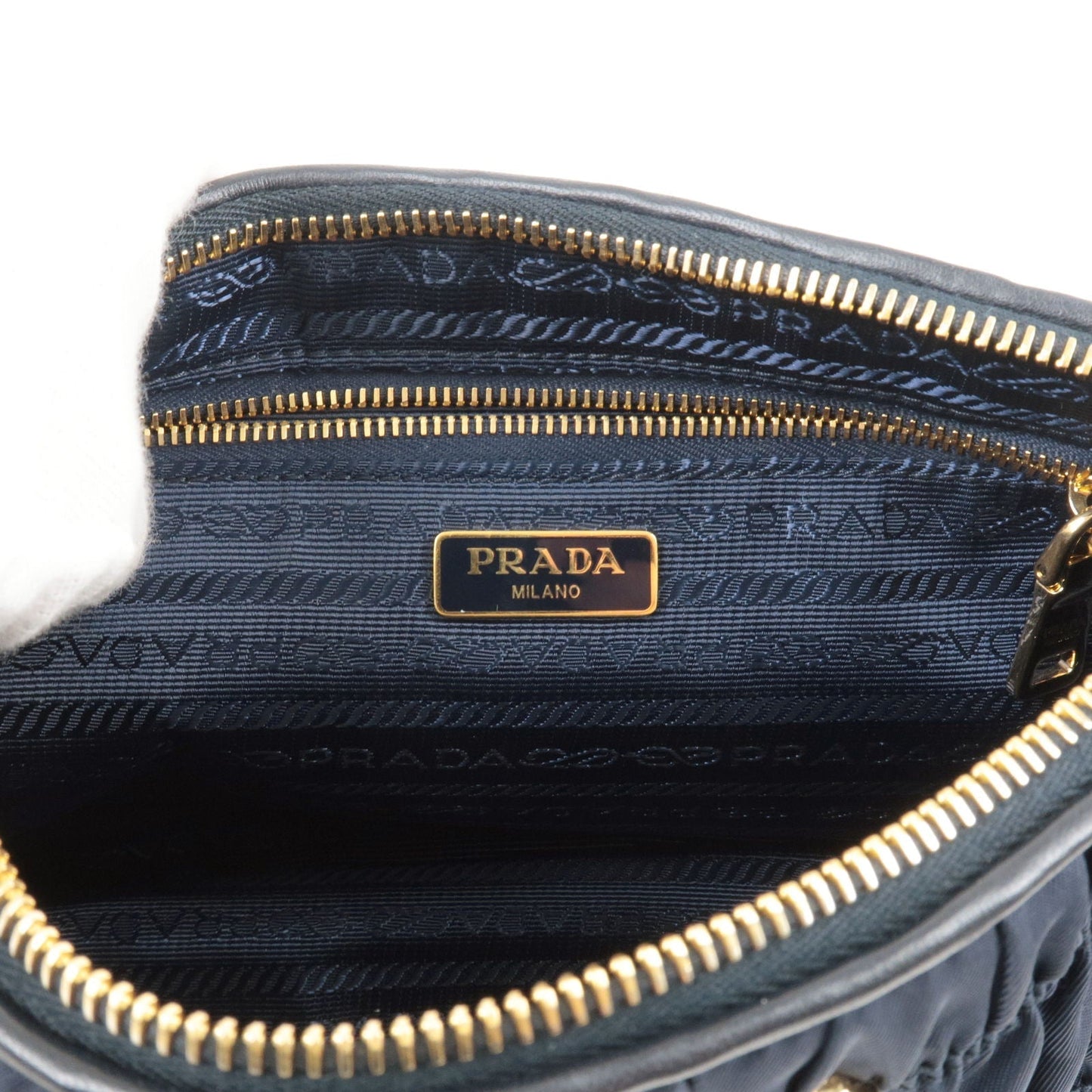 PRADA Logo Nylon Leather Chain Shoulder Bag Navy 1BH152