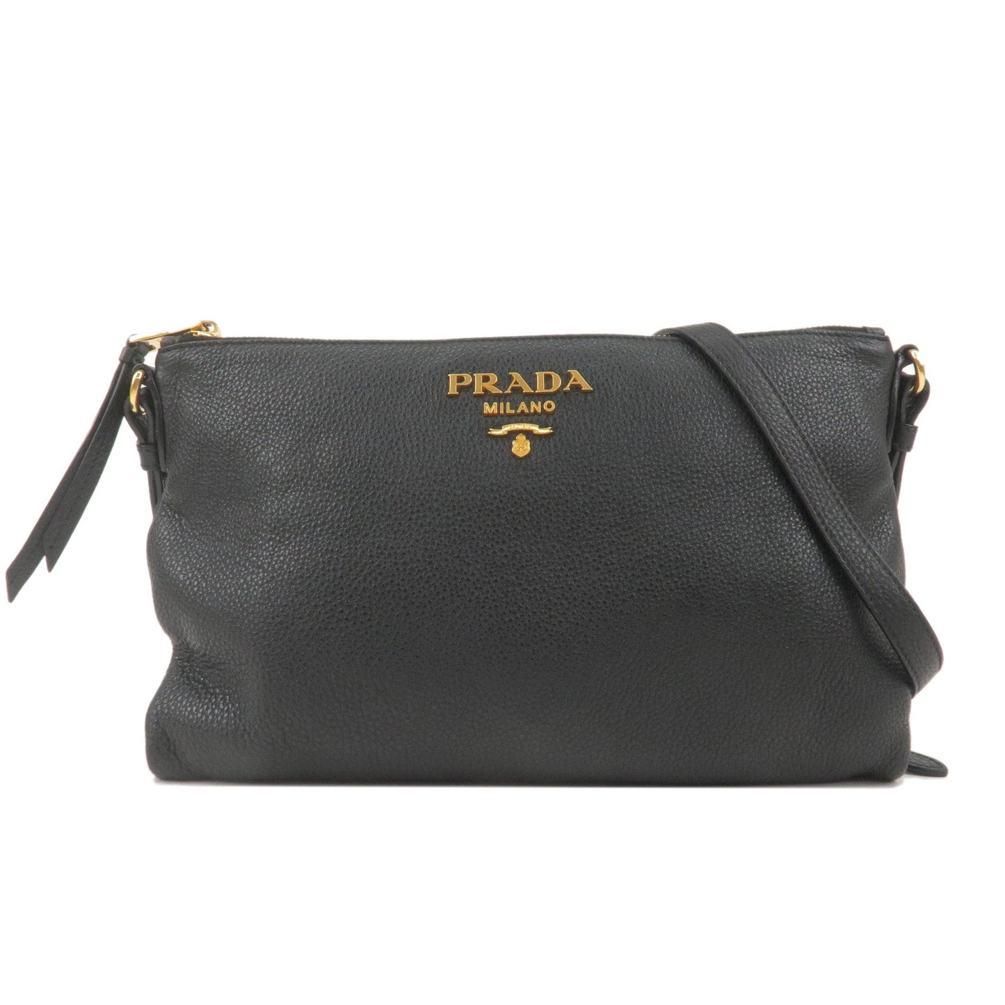 PRADA Logo Leather Shoulder Bag Gold Hardware Black