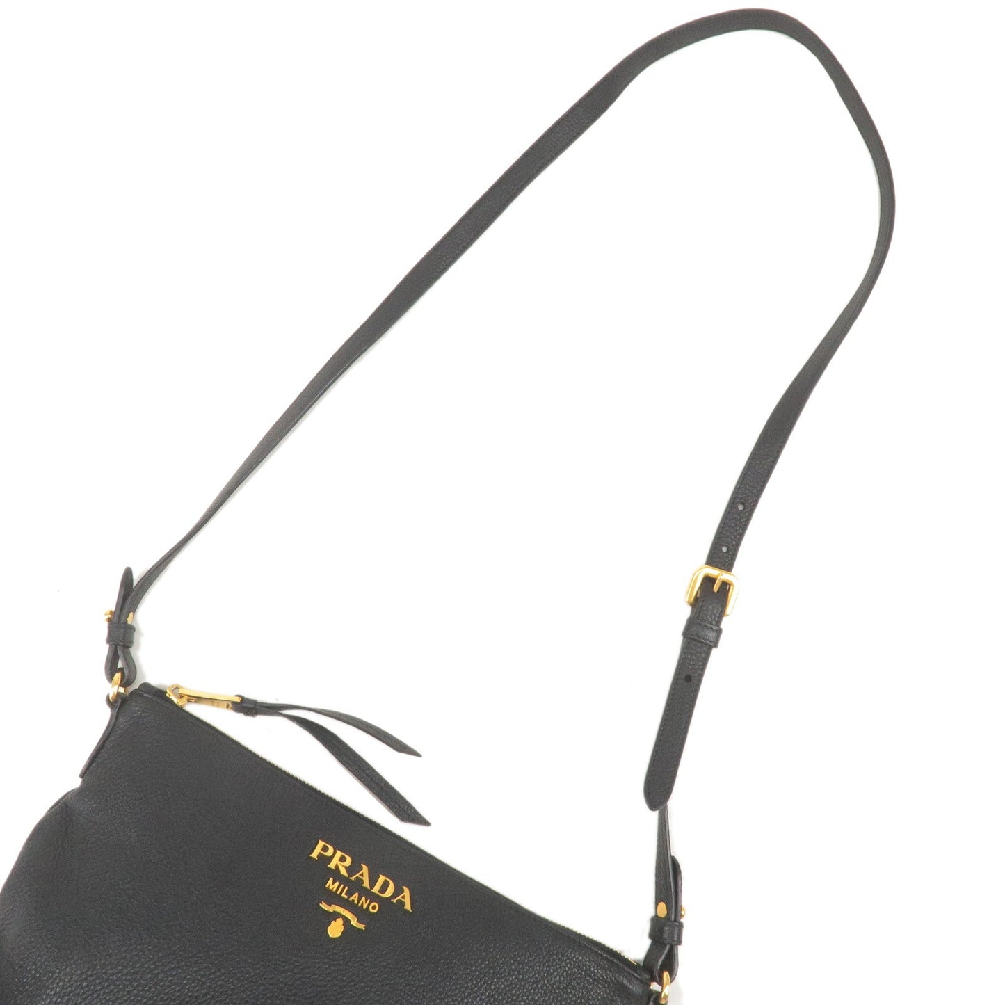 PRADA Logo Leather Shoulder Bag Gold Hardware Black