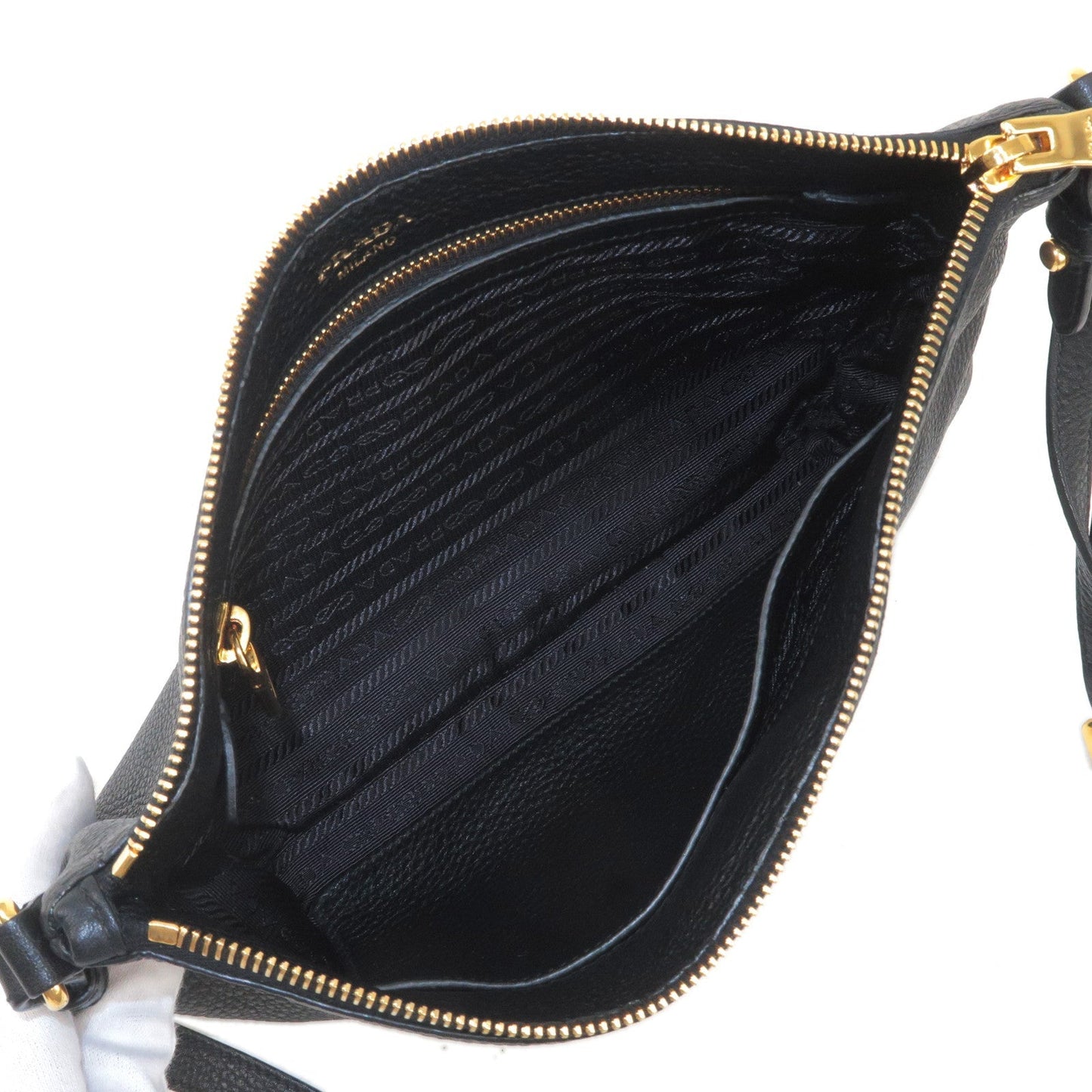 PRADA Logo Leather Shoulder Bag Gold Hardware Black