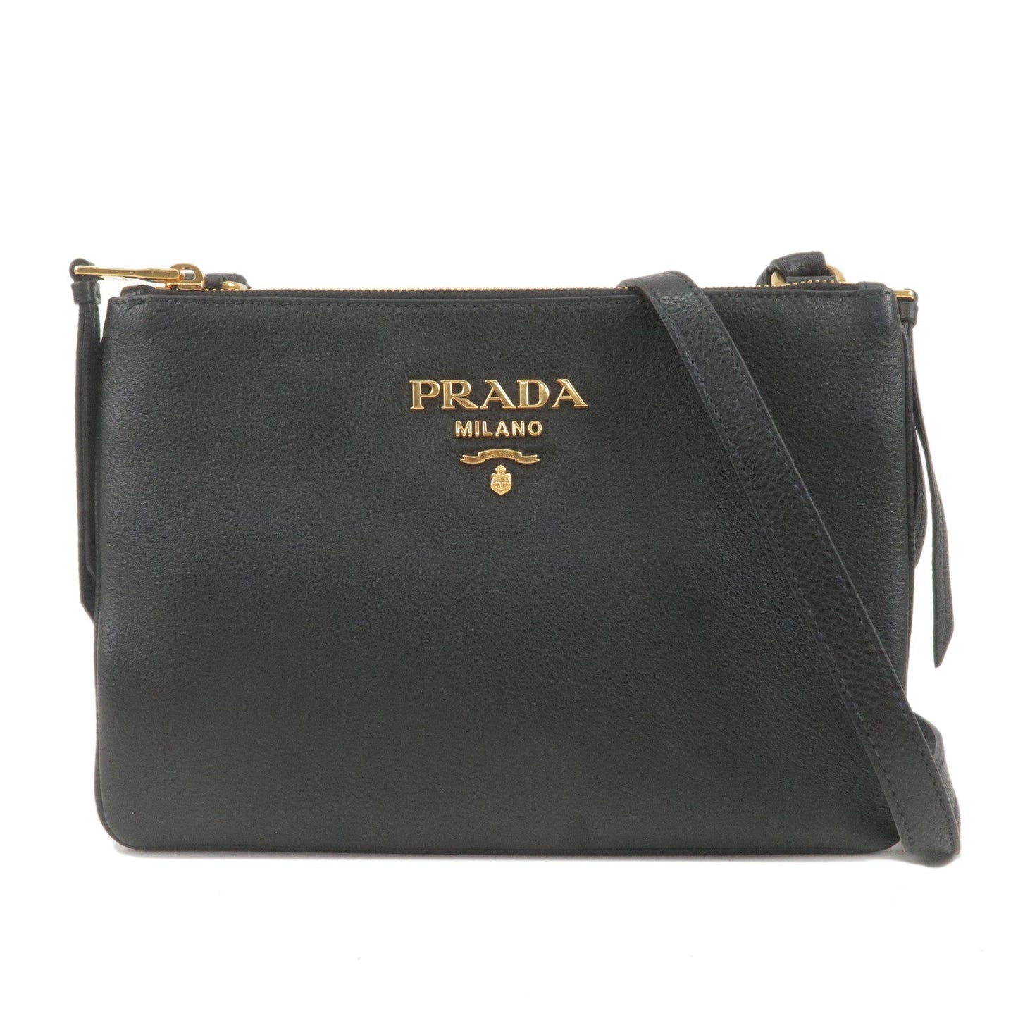 PRADA Logo Leather Shoulder Bag Gold Hardware Black 1BH046