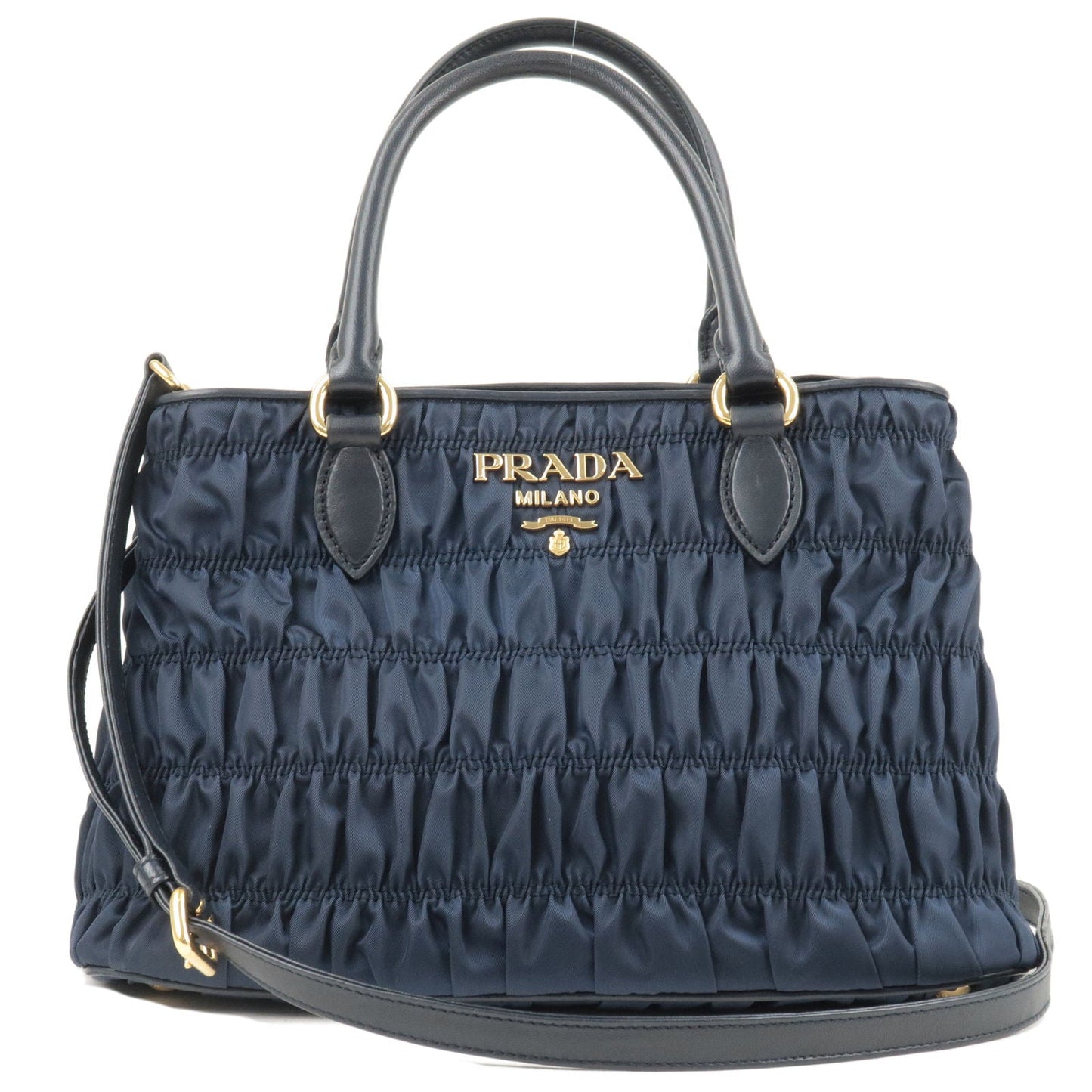 PRADA Nylon Leather Gather 2Way Bag Hand Bag Navy GHW 1BA173