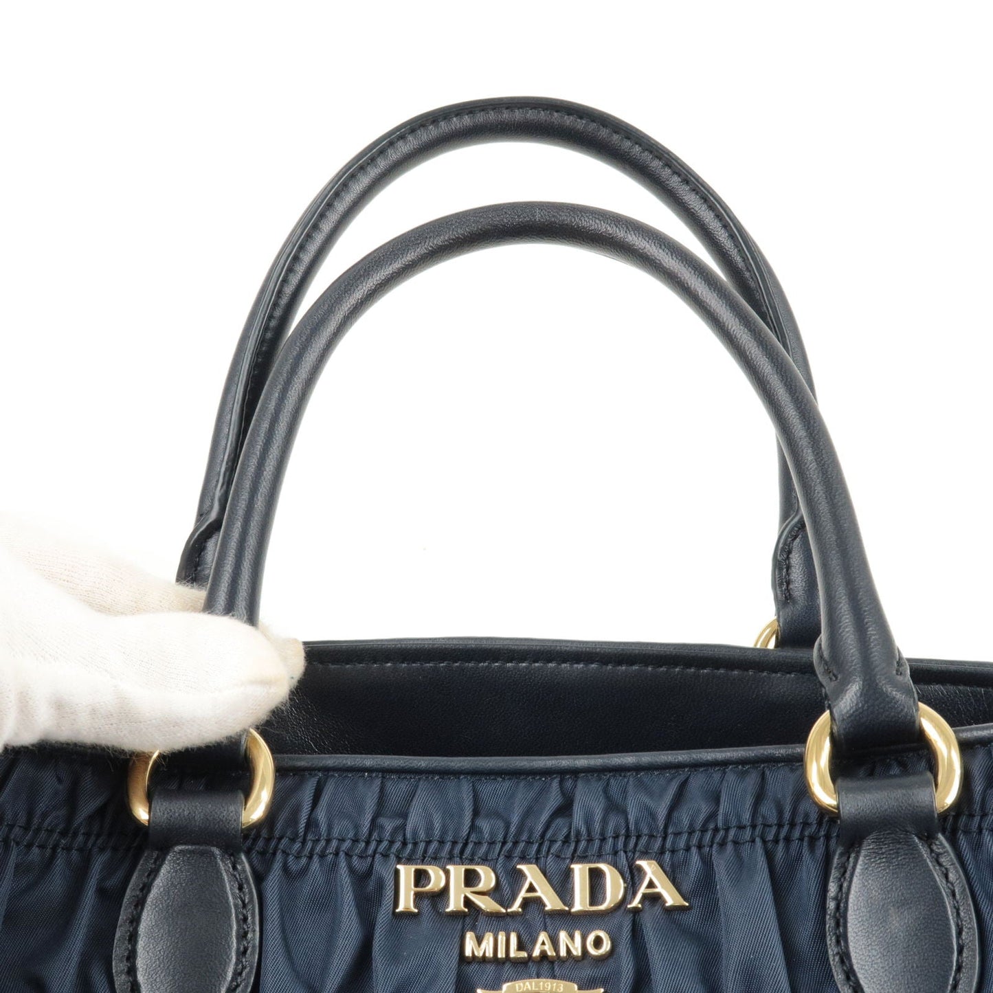 PRADA Nylon Leather Gather 2Way Bag Hand Bag Navy GHW 1BA173