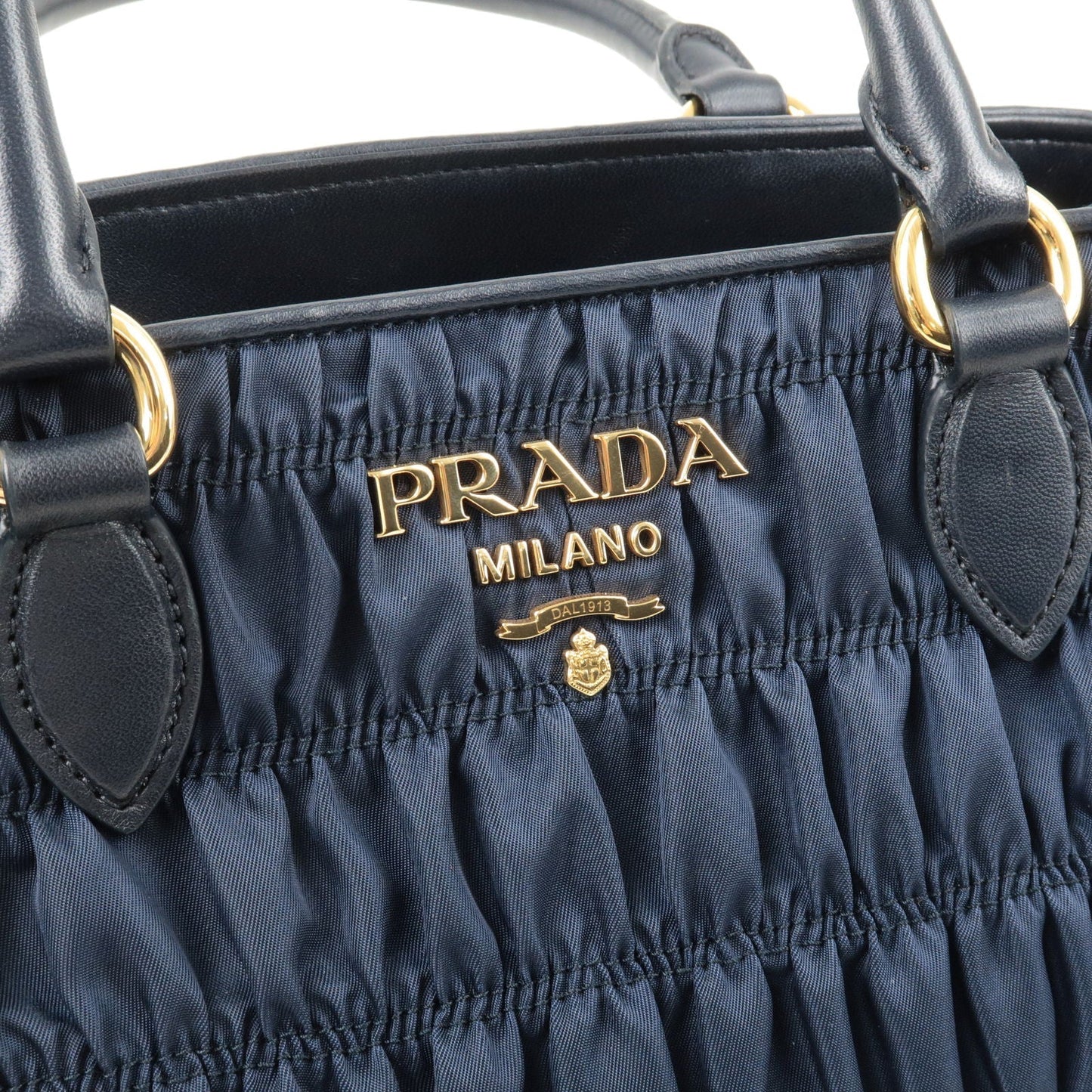 PRADA Nylon Leather Gather 2Way Bag Hand Bag Navy GHW 1BA173