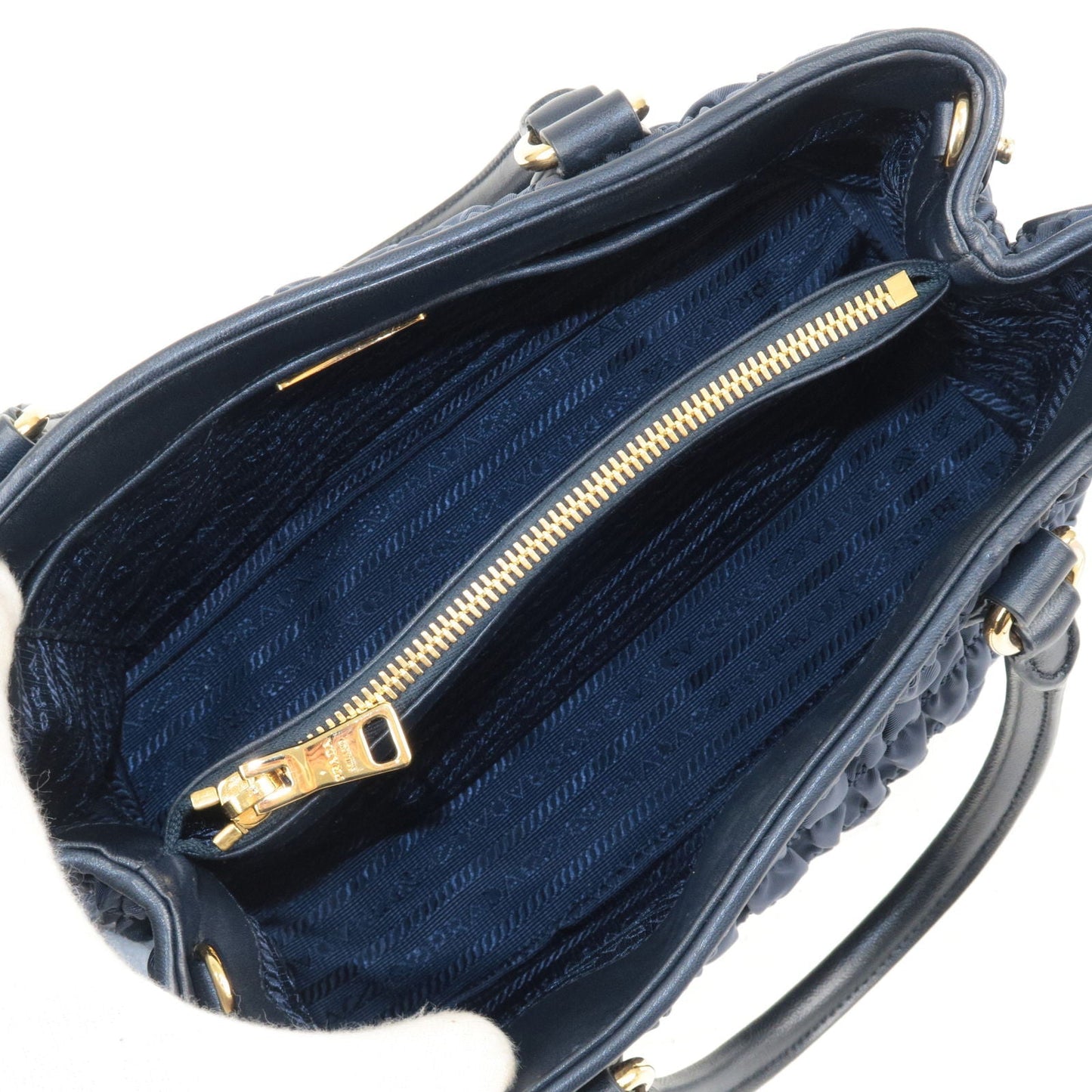 PRADA Nylon Leather Gather 2Way Bag Hand Bag Navy GHW 1BA173