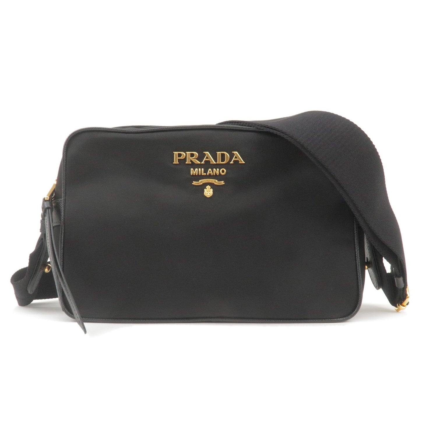 PRADA Logo Nylon Leather Shoulder Bag NERO Black Gold 1BH089