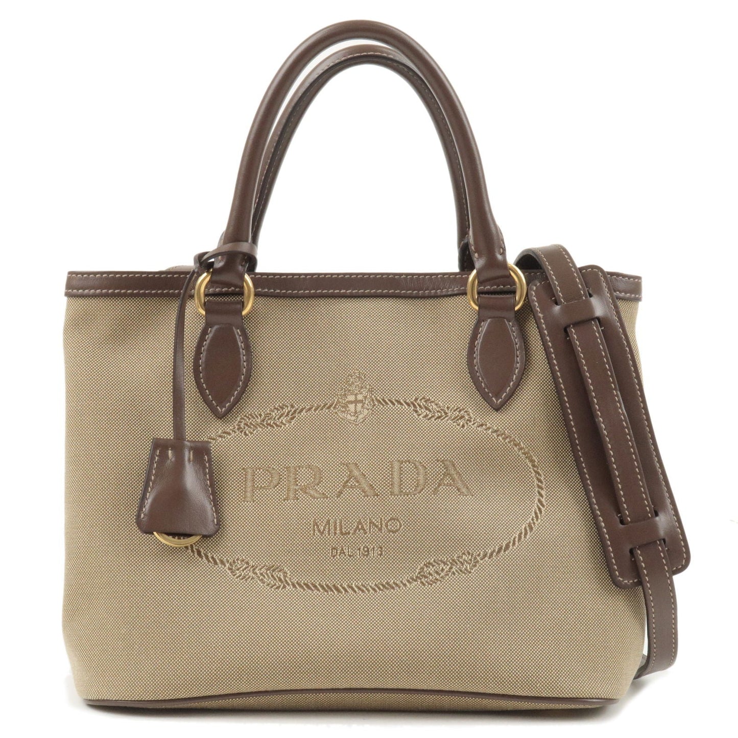 PRADA Logo Jacquard Leather 2Way Bag Hand Bag Beige 1BA172