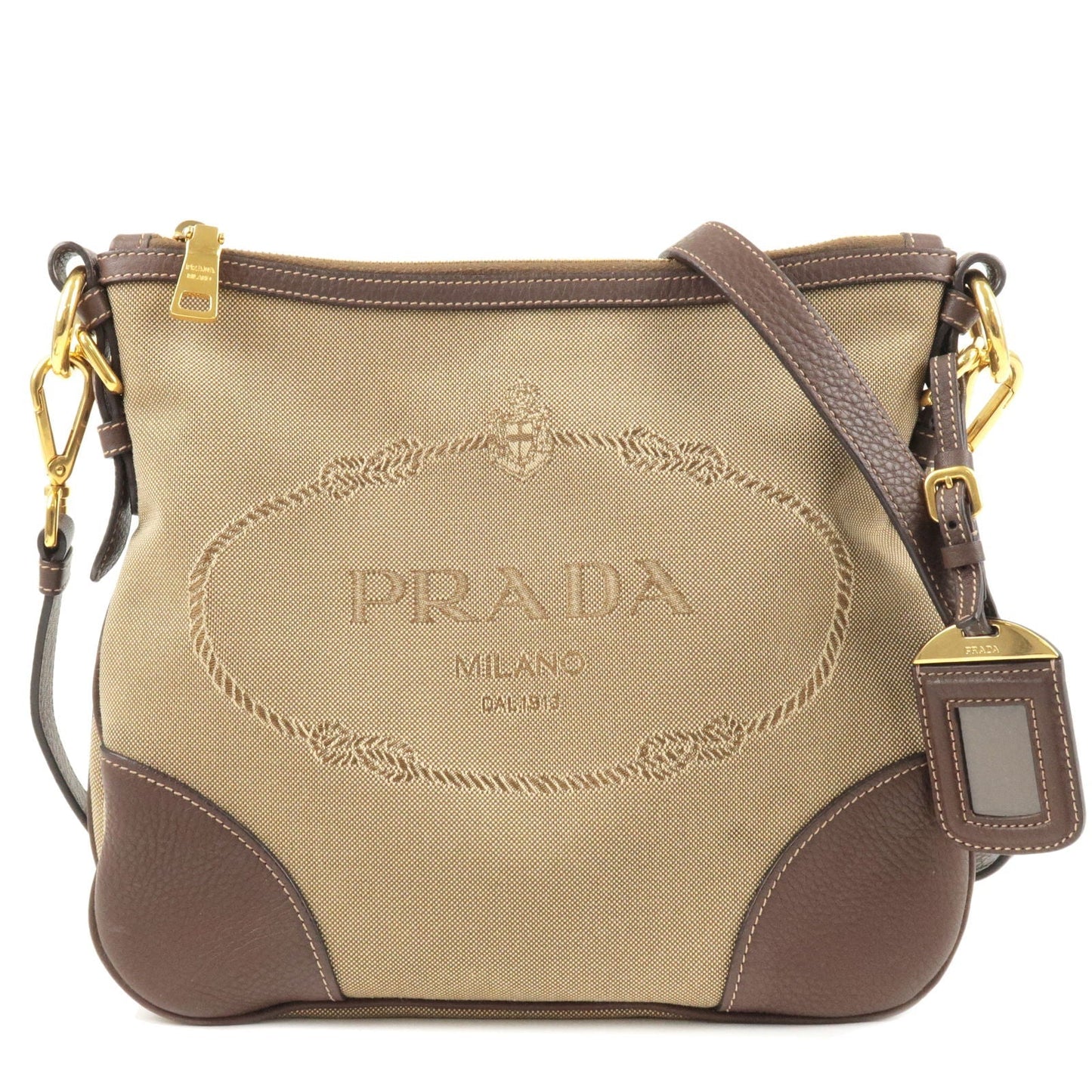 PRADA Logo Jacquard Leather Shoulder Bag Beige Brown BT0867