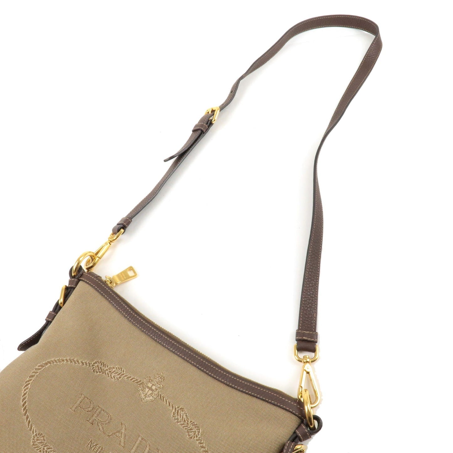 PRADA Logo Jacquard Leather Shoulder Bag Beige Brown BT0867