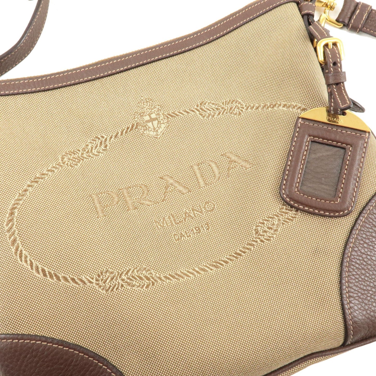 PRADA Logo Jacquard Leather Shoulder Bag Beige Brown BT0867