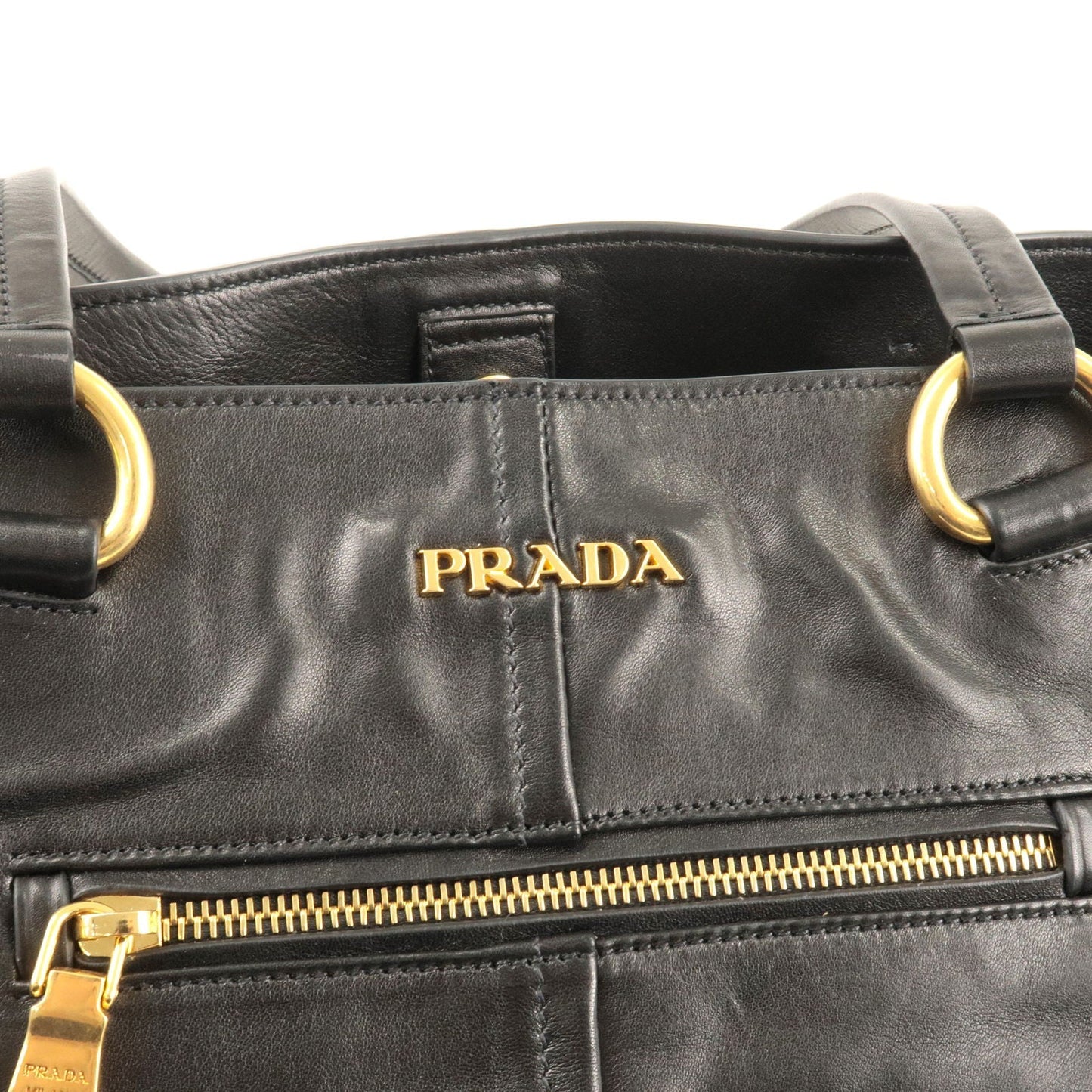 PRADA Logo Leather Tote Bag NERO Black Gold Hardware BR4360