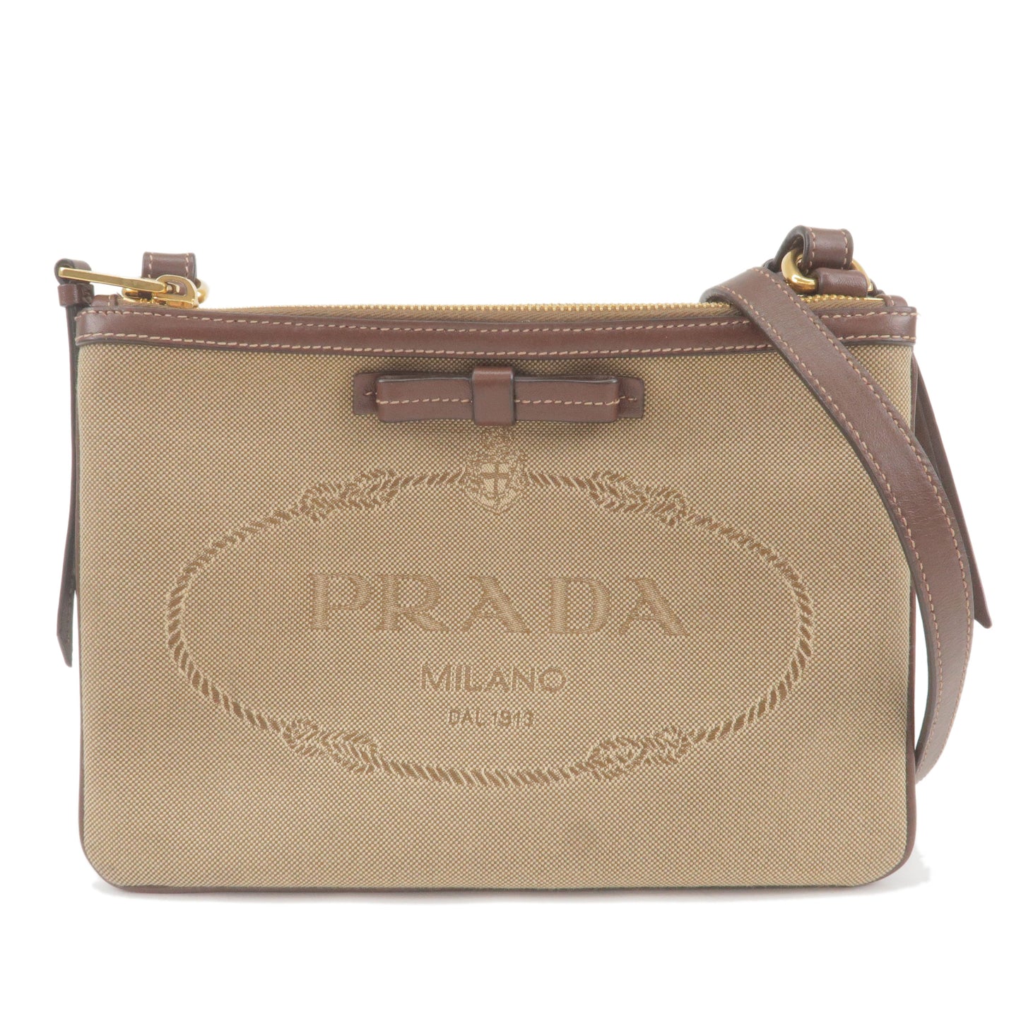 PRADA Logo Jacquard Leather Shoulder Bag Beige Brown 1BH046