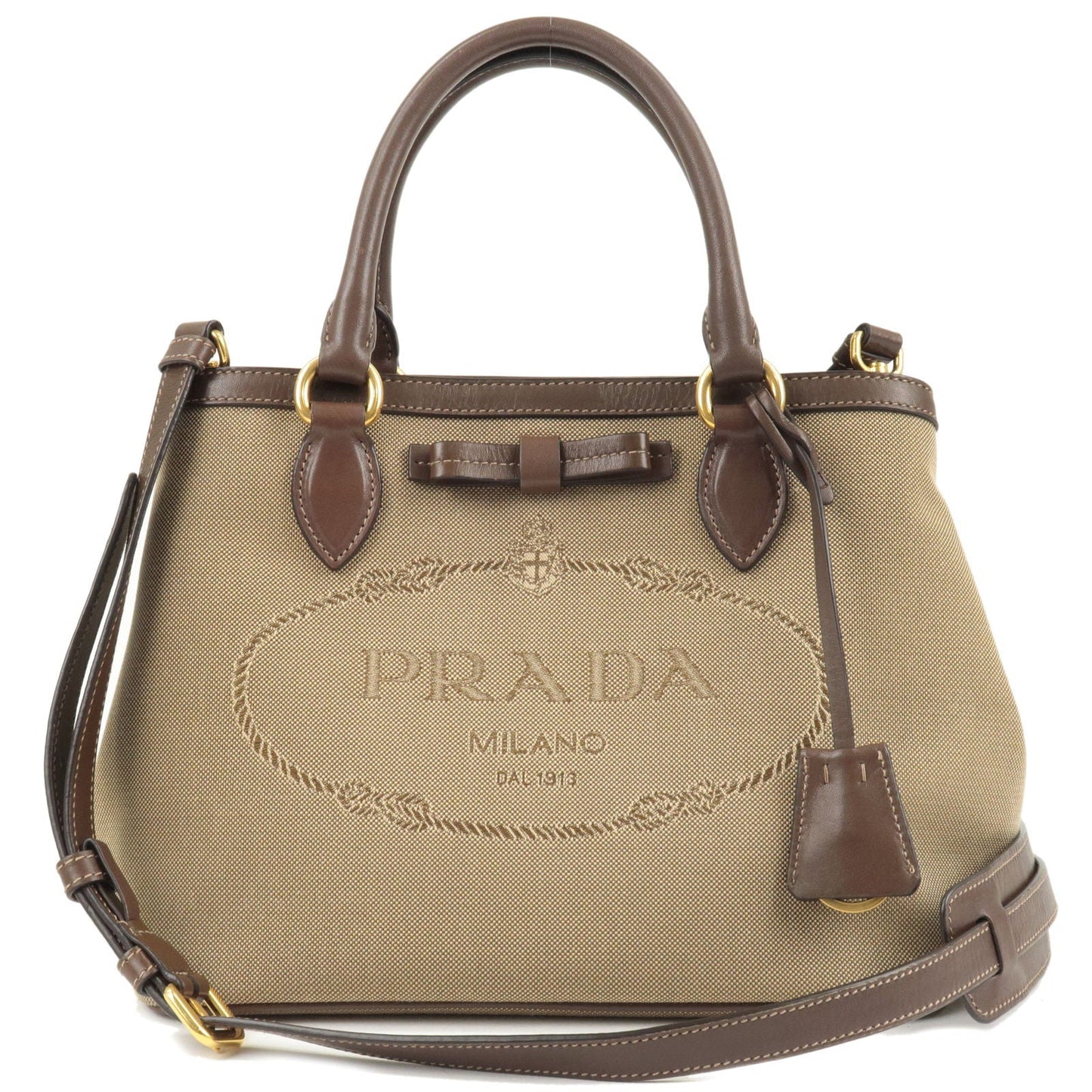 PRADA Logo Jacquard Leather 2Way Bag Hand Bag Beige 1BA579