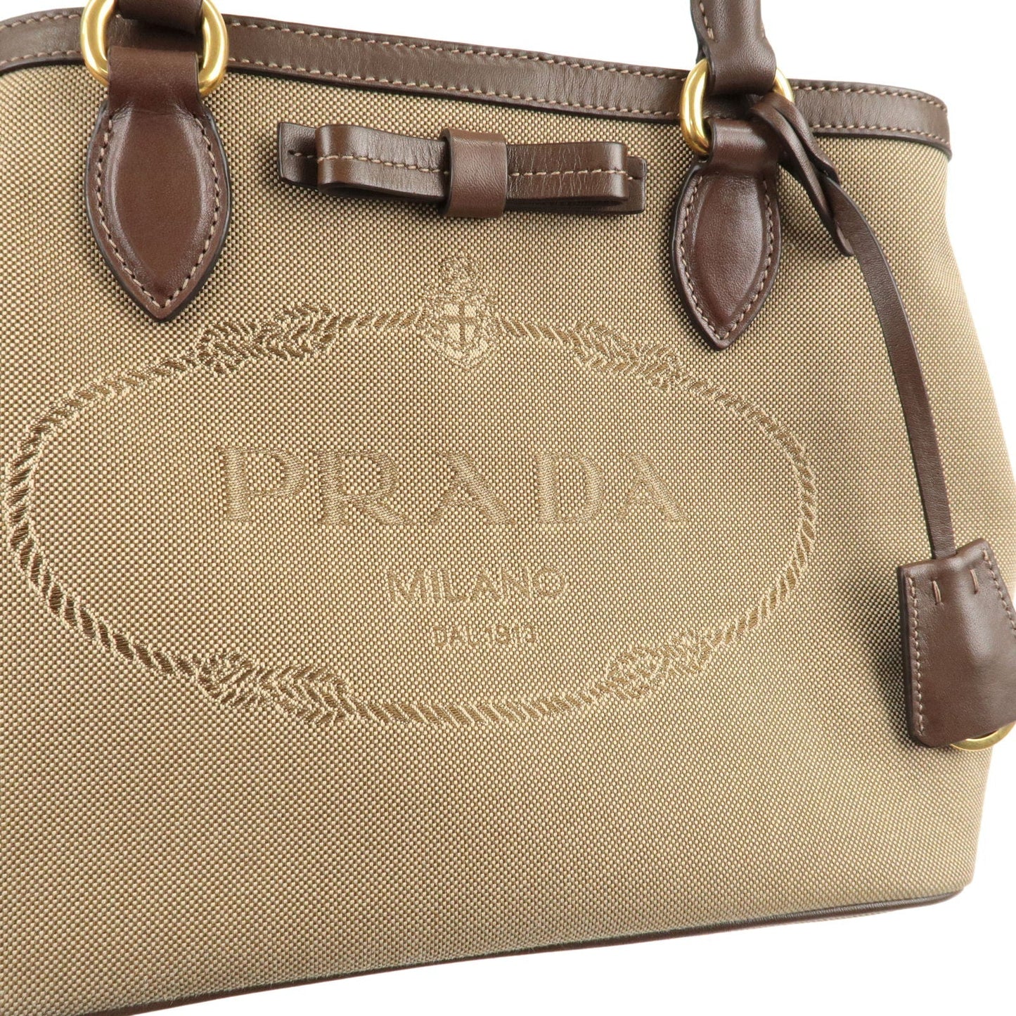 PRADA Logo Jacquard Leather 2Way Bag Hand Bag Beige 1BA579