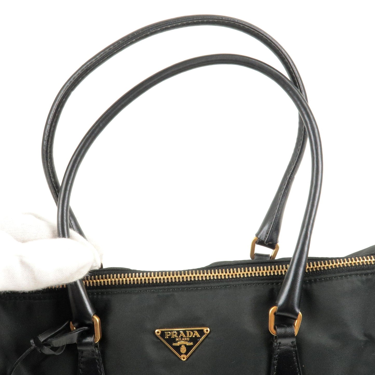 PRADA Logo Nylon Leather Hand Bag Black NERO BR0496