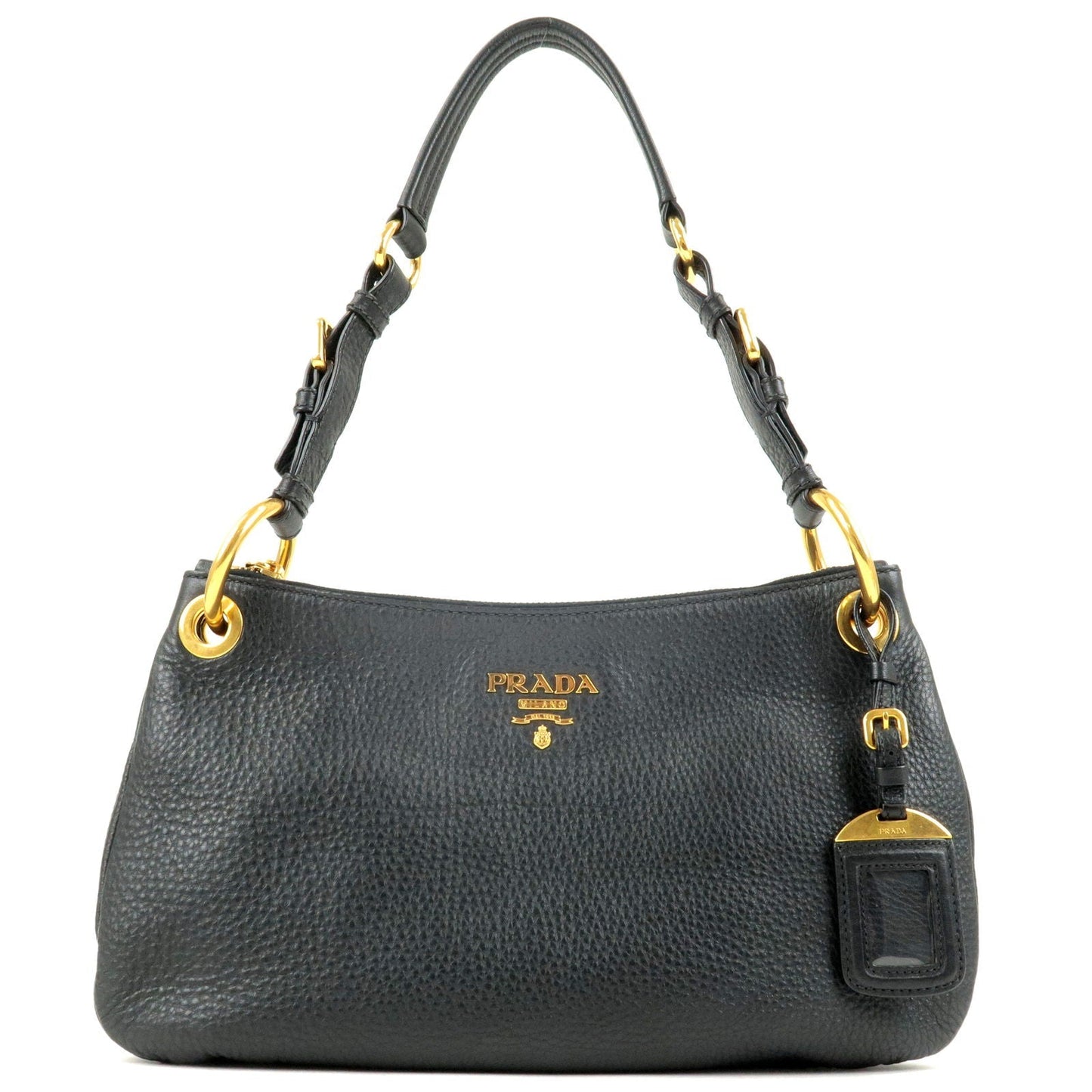 PRADA Logo Leather One Shoulder Bag Black Nero Gold HDW