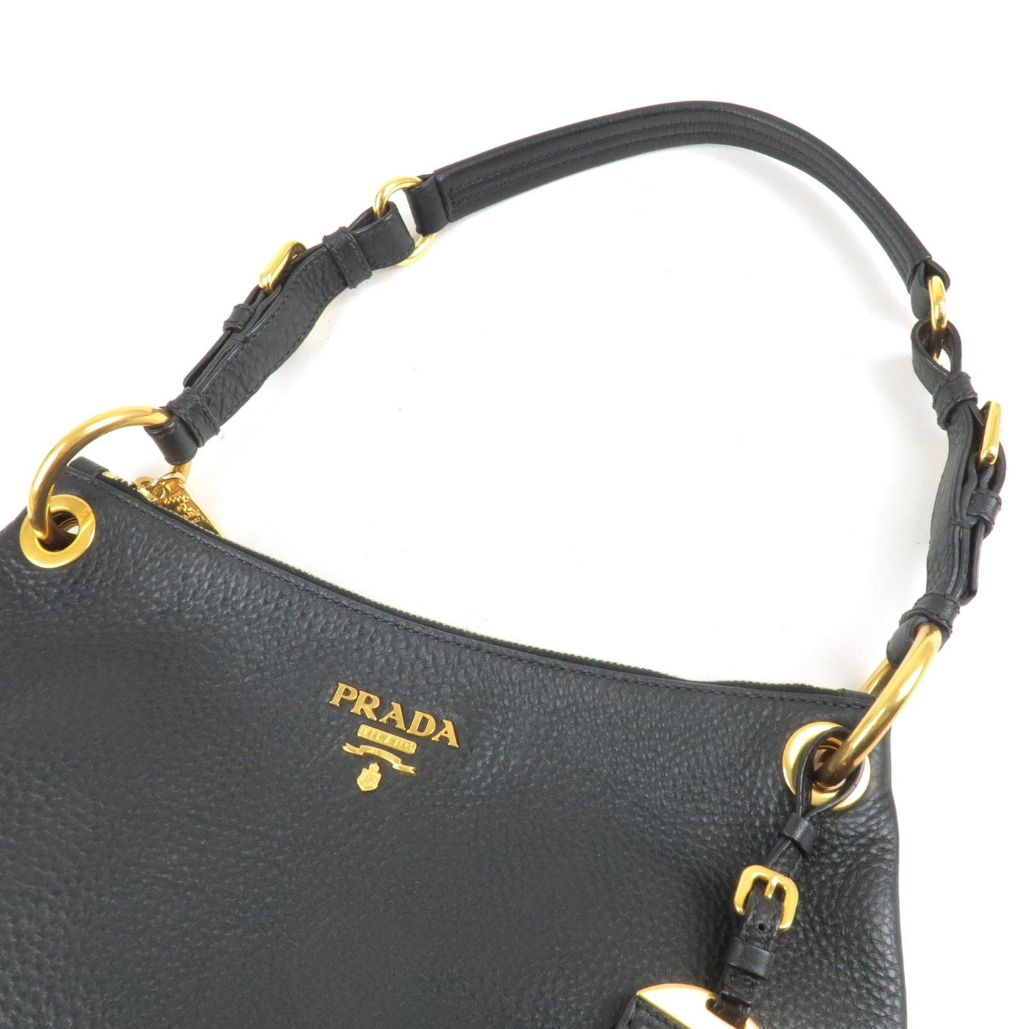 PRADA Logo Leather One Shoulder Bag Black Nero Gold HDW