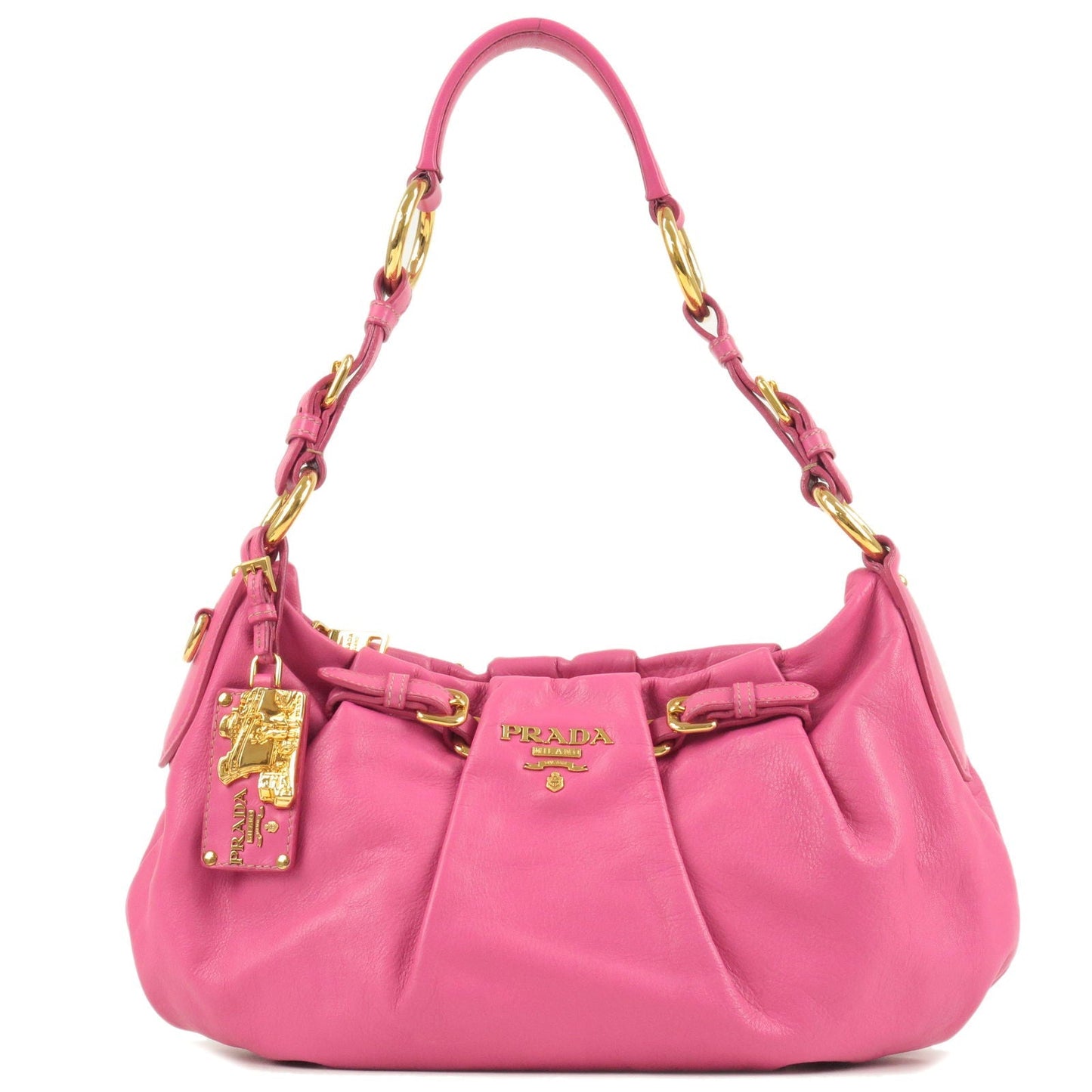 PRADA Logo Leather Shoulder Bag Fuxia Pink Gold HDW BR3795