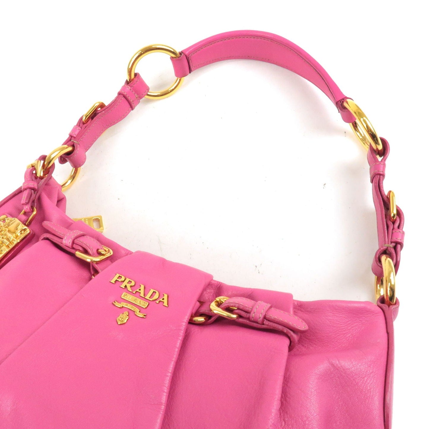 PRADA Logo Leather Shoulder Bag Fuxia Pink Gold HDW BR3795