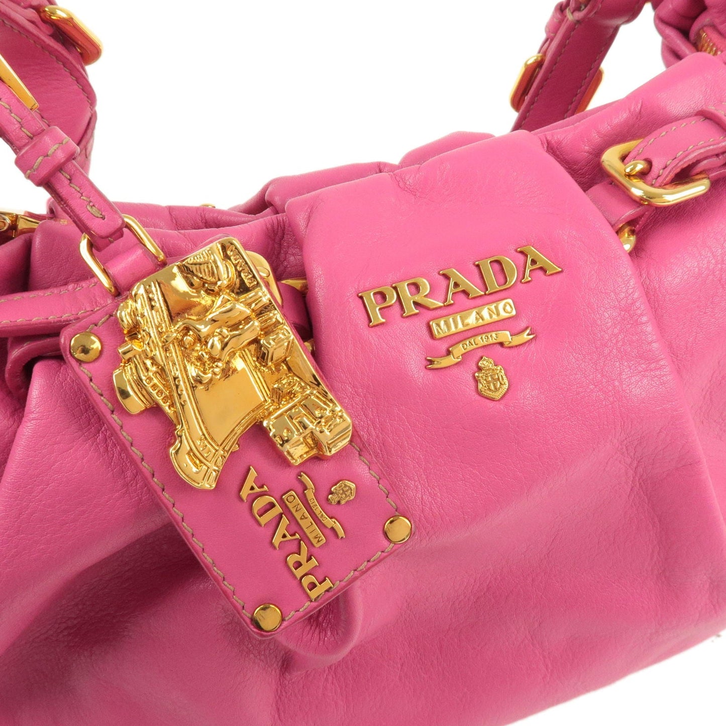 PRADA Logo Leather Shoulder Bag Fuxia Pink Gold HDW BR3795