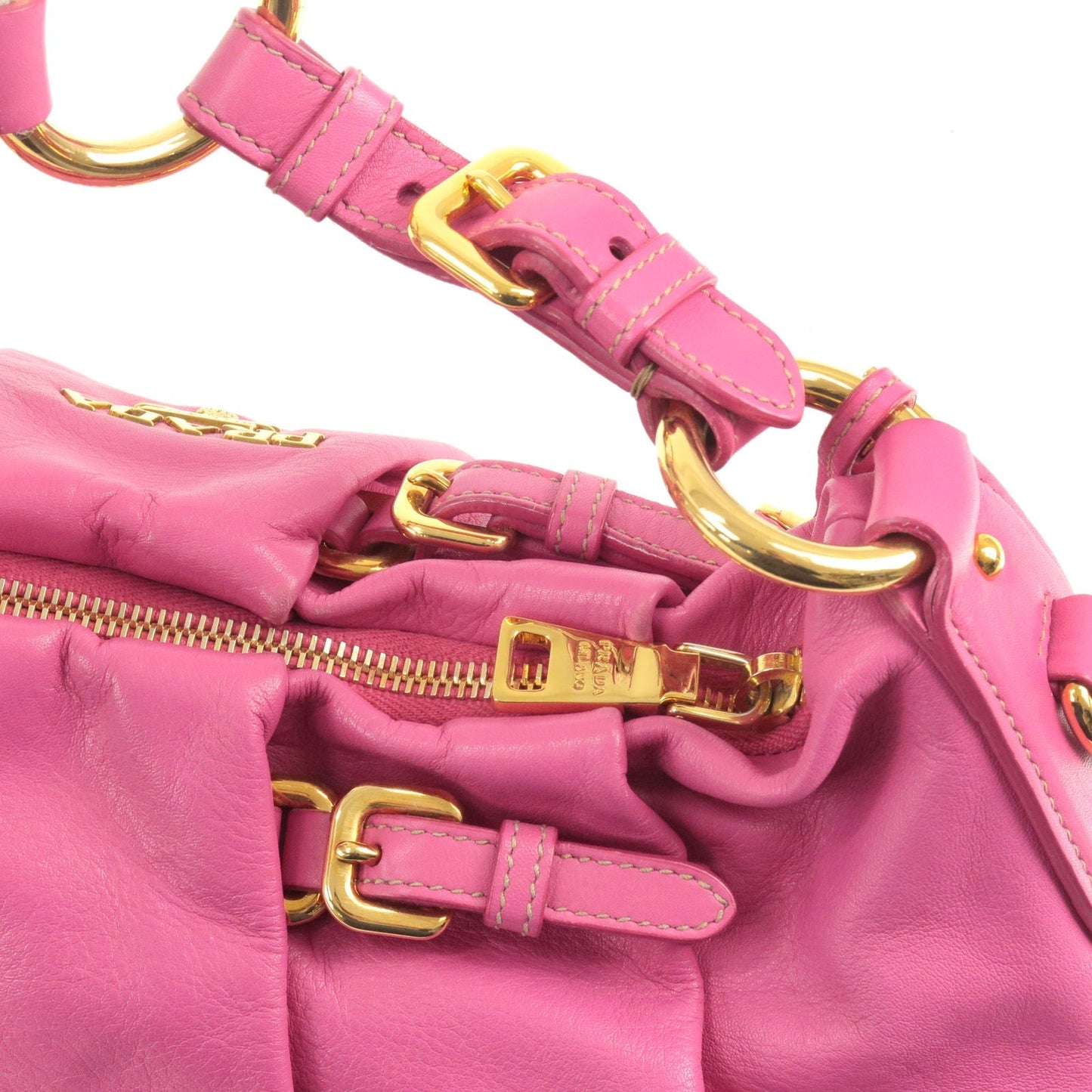 PRADA Logo Leather Shoulder Bag Fuxia Pink Gold HDW BR3795