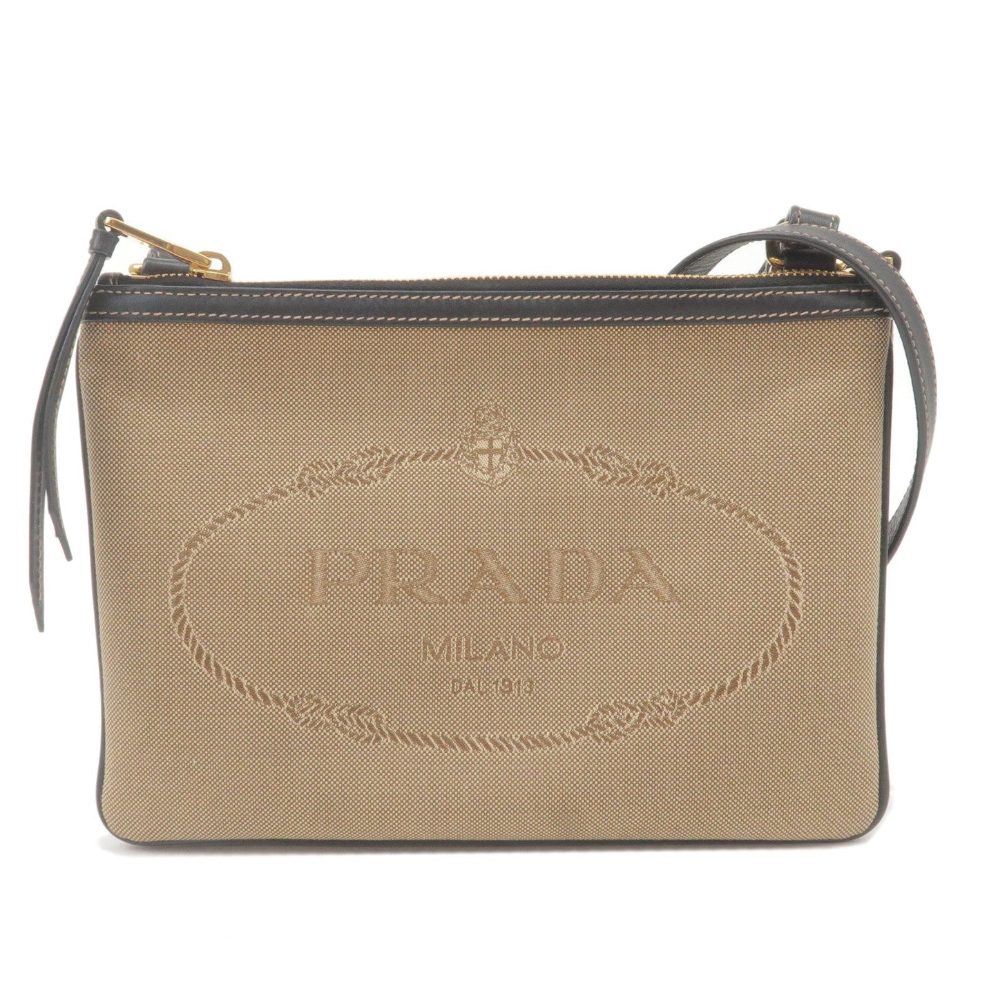 PRADA Logo Jacquard Leather Shoulder Bag Beige Black 1BH046