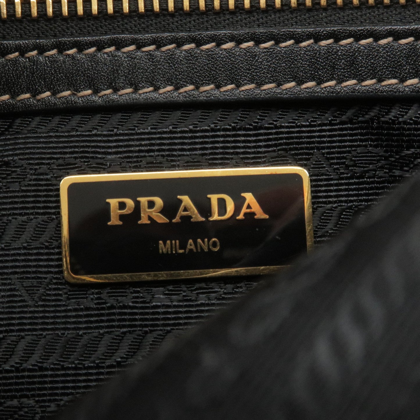 PRADA Logo Jacquard Leather Shoulder Bag Beige Black 1BH046