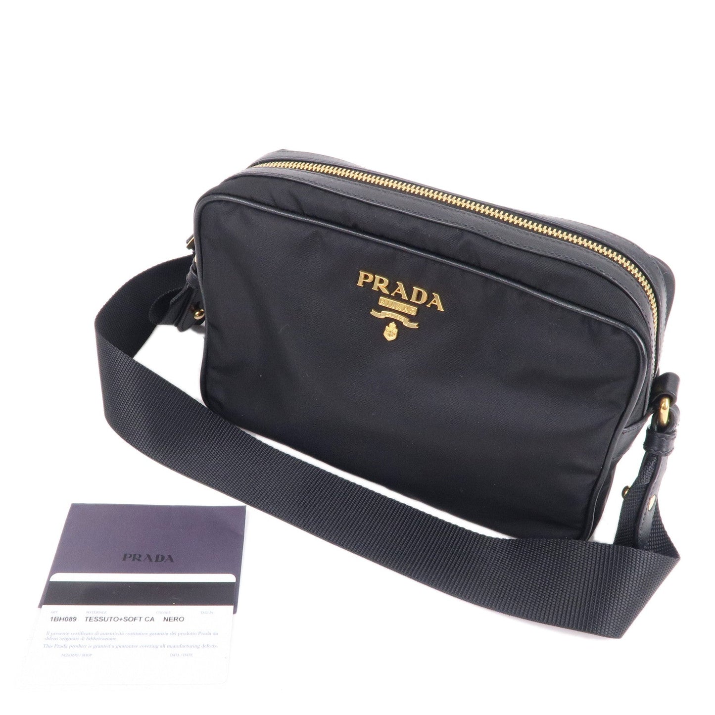 PRADA Logo Nylon Leather Shoulder Bag NERO Black Gold 1BH089