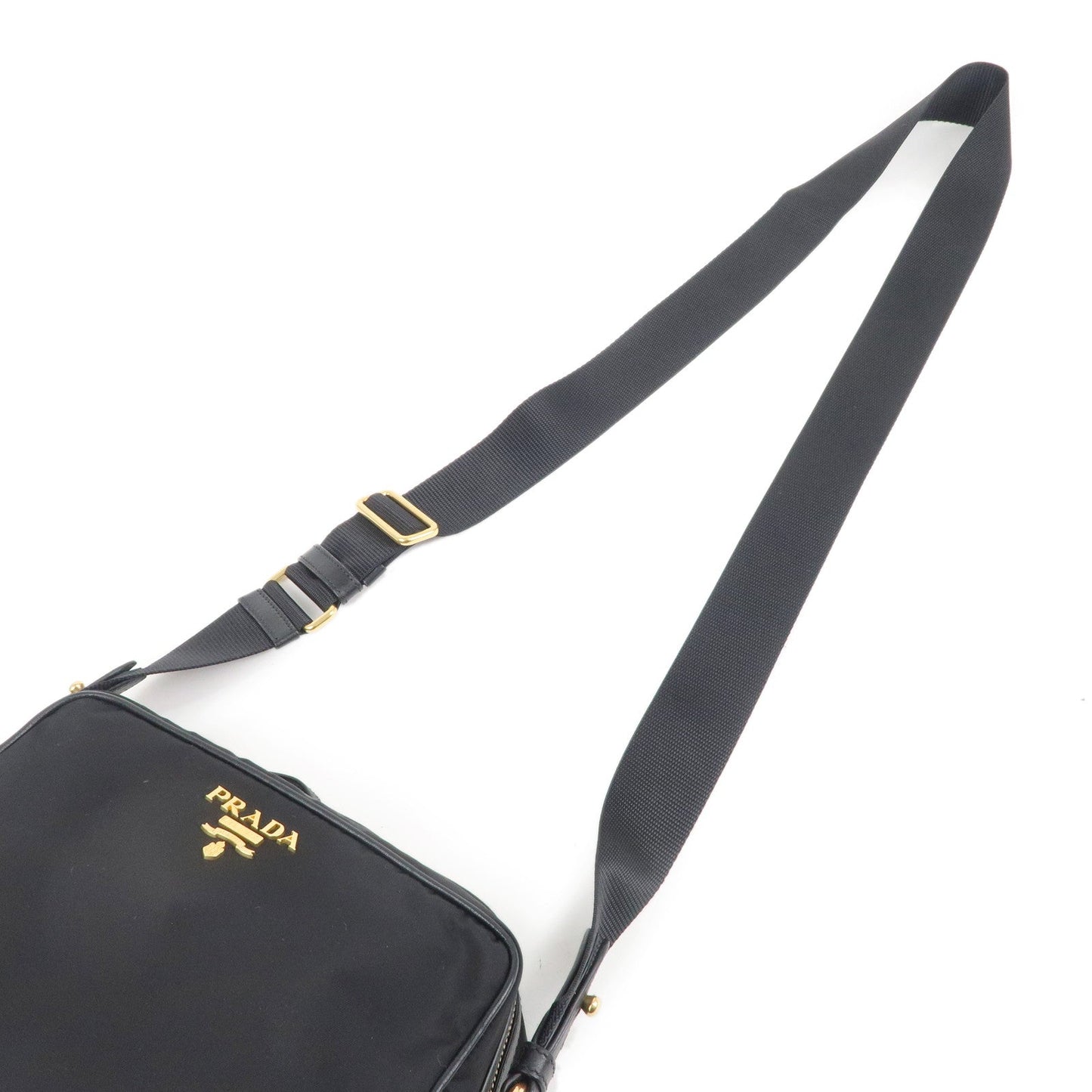 PRADA Logo Nylon Leather Shoulder Bag NERO Black Gold 1BH089