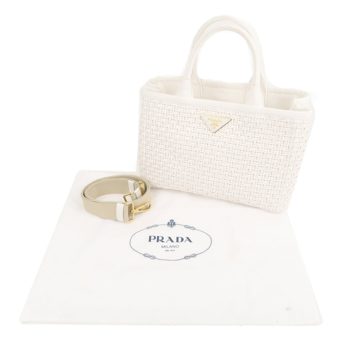 PRADA Canapa Straw Canvas 2Way Bag Shoulder Bag White 1BG155