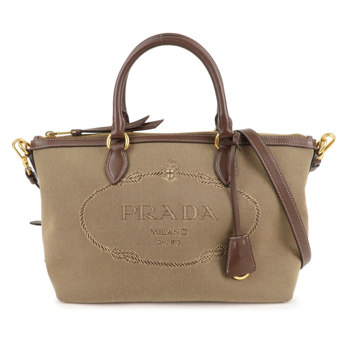 PRADA Logo Jacquard Leather 2WAY Shoulder Bag Beige Brown IBA104