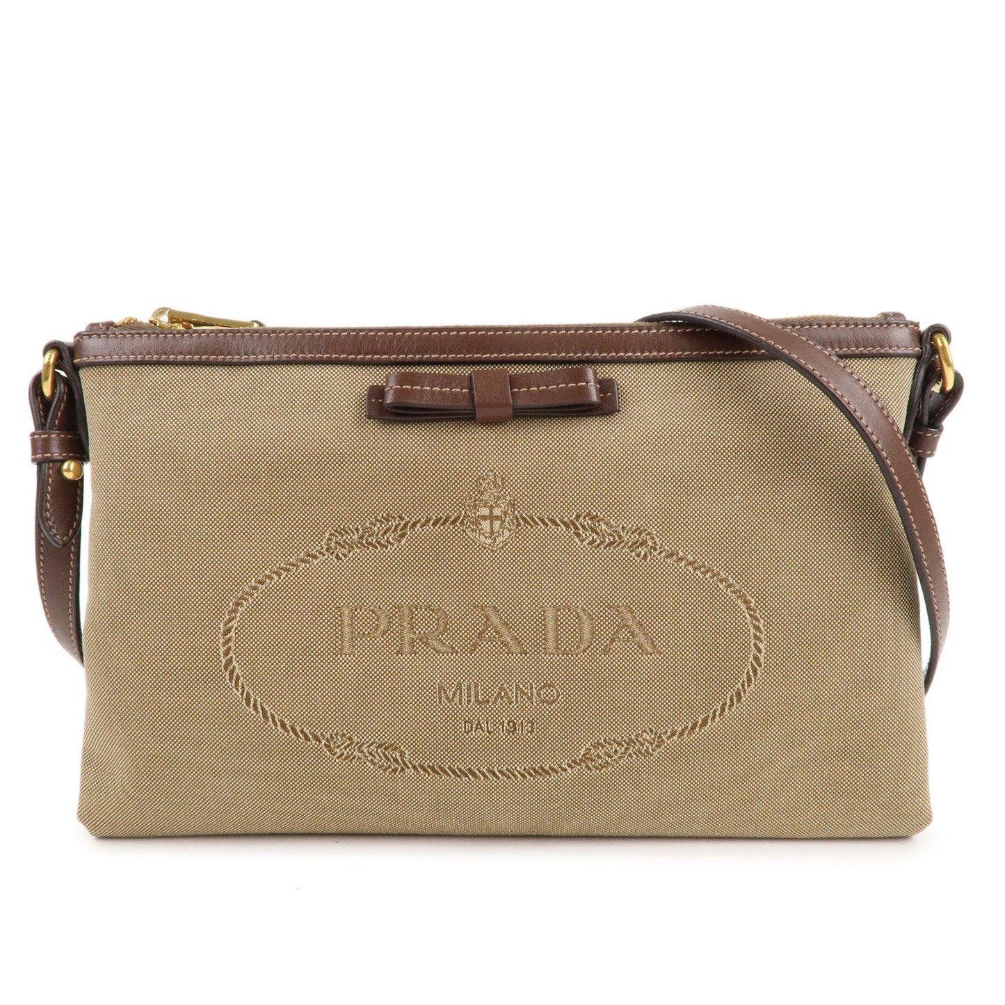 PRADA Logo Jacquard Leather Shoulder Bag Beige Brown 1BH150