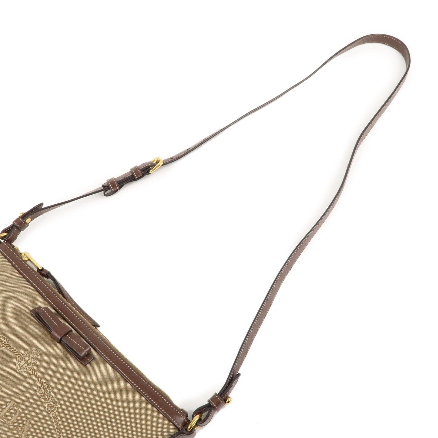 PRADA Logo Jacquard Leather Shoulder Bag Beige Brown 1BH150