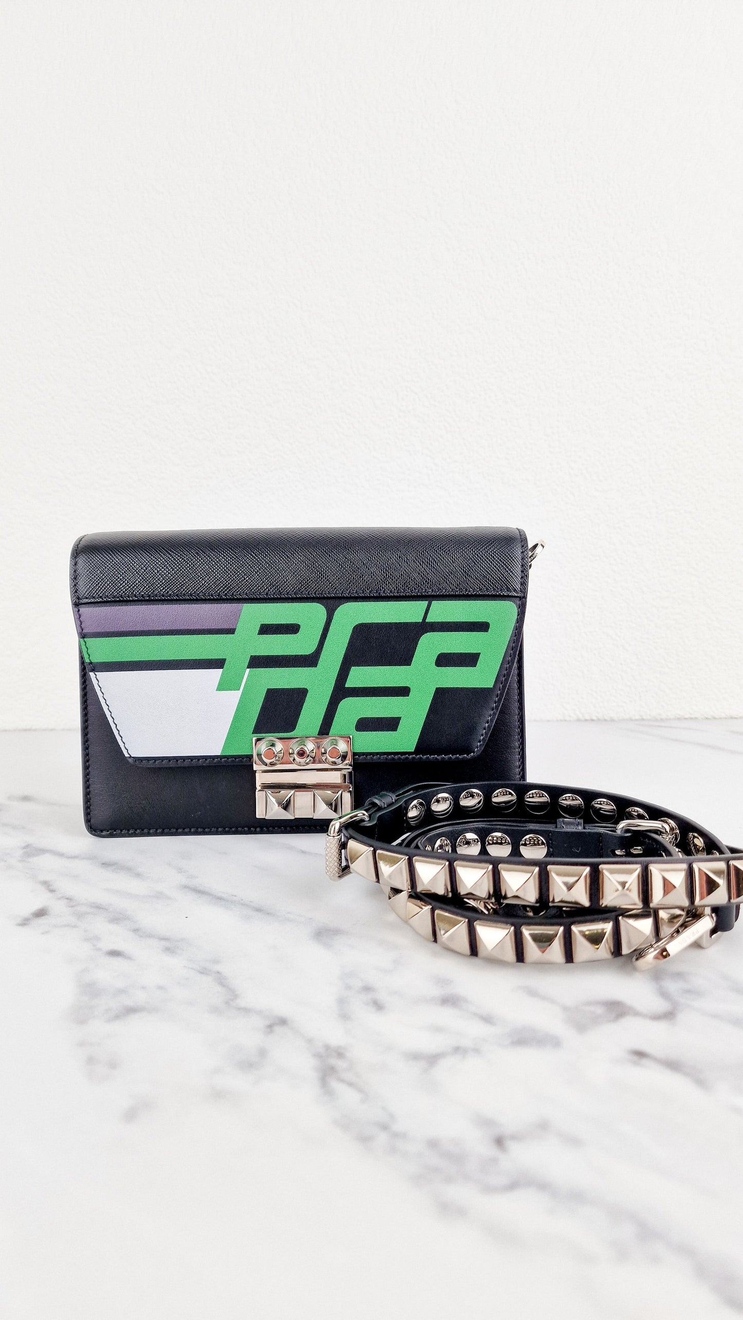 Prada Elektra Crossbody Bag in Black City Calfskin & Saffiano Leather with Green Racing Logo Prada 1BD121 Nero Verde