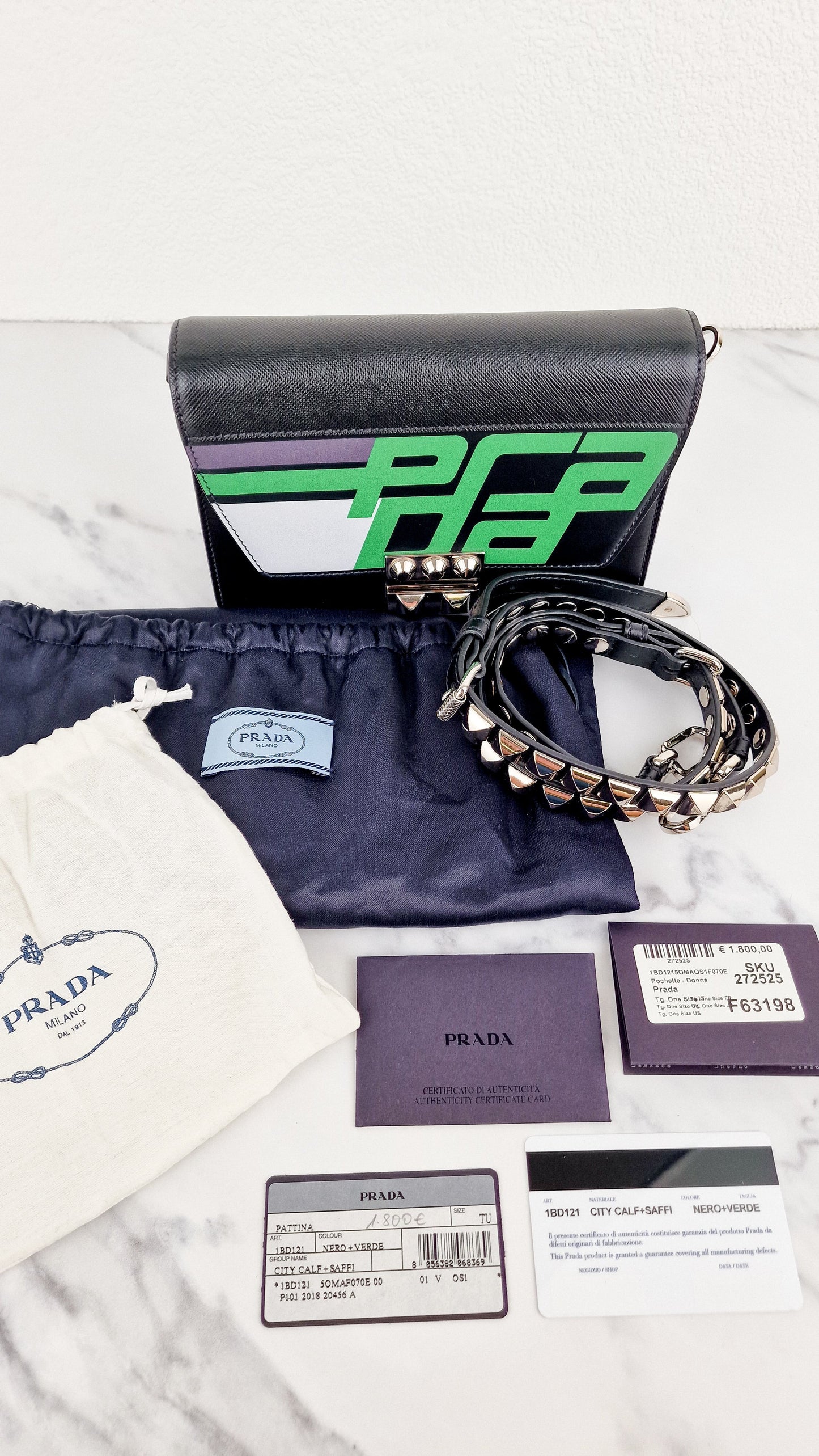 Prada Elektra Crossbody Bag in Black City Calfskin & Saffiano Leather with Green Racing Logo Prada 1BD121 Nero Verde