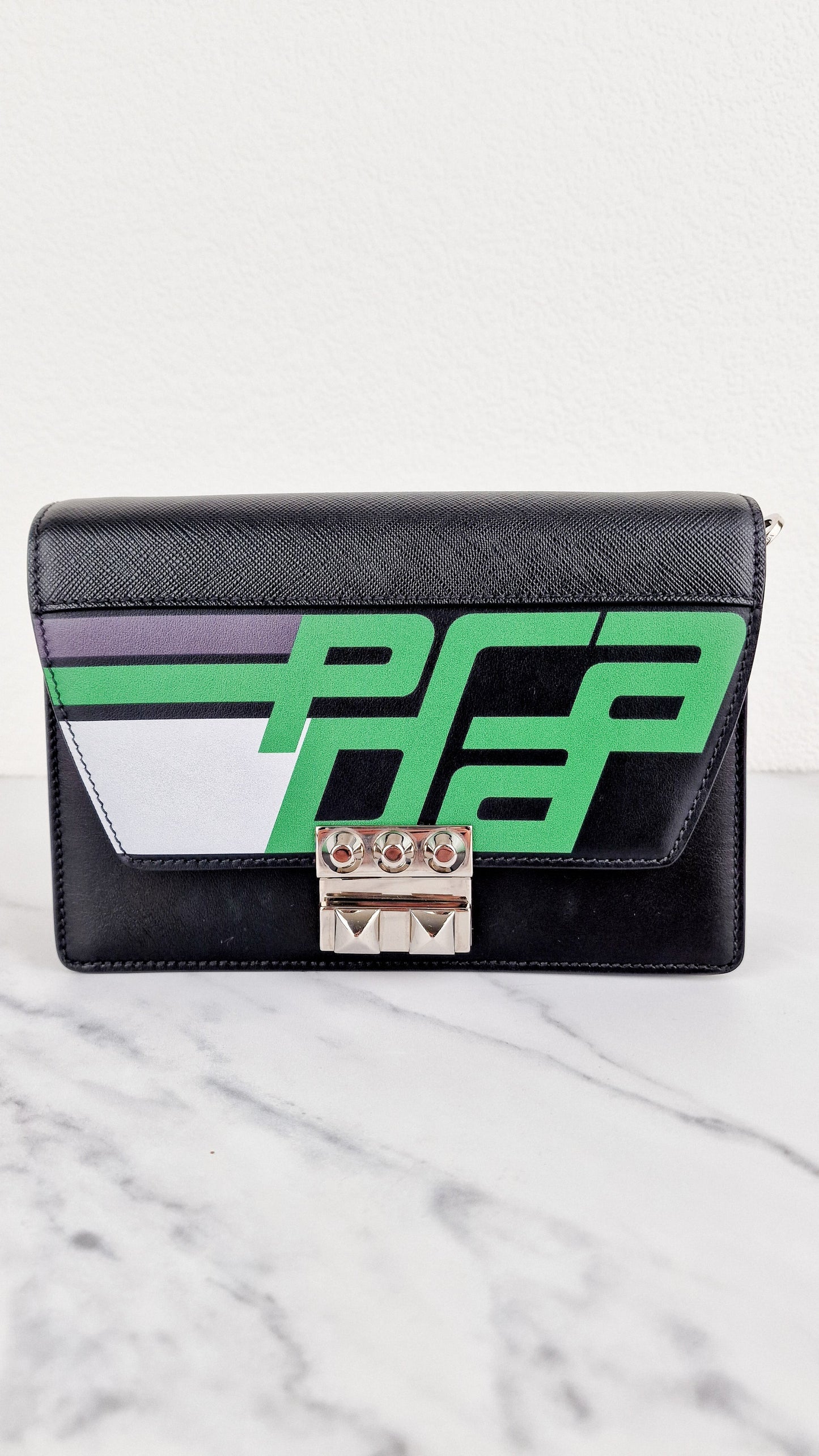 Prada Elektra Crossbody Bag in Black City Calfskin & Saffiano Leather with Green Racing Logo Prada 1BD121 Nero Verde