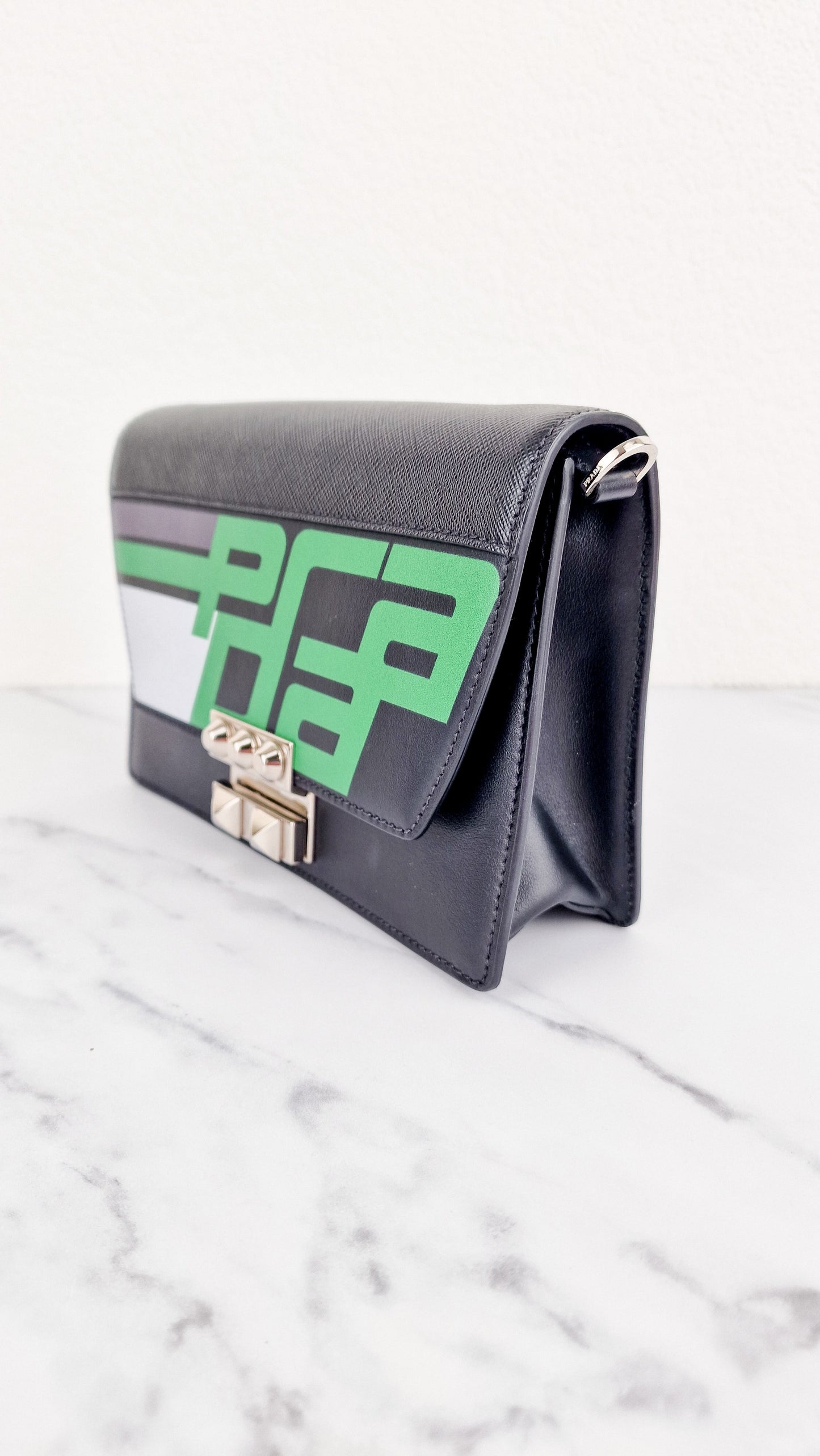 Prada Elektra Crossbody Bag in Black City Calfskin & Saffiano Leather with Green Racing Logo Prada 1BD121 Nero Verde