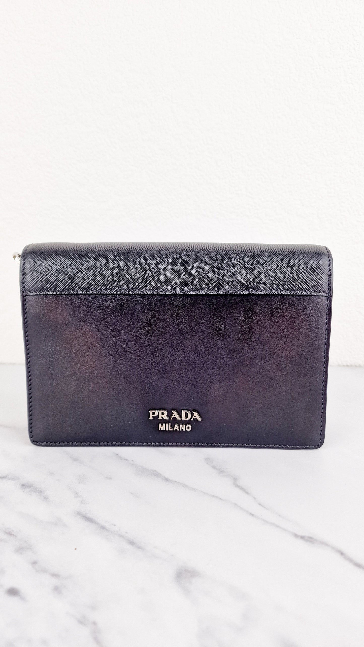 Prada Elektra Crossbody Bag in Black City Calfskin & Saffiano Leather with Green Racing Logo Prada 1BD121 Nero Verde