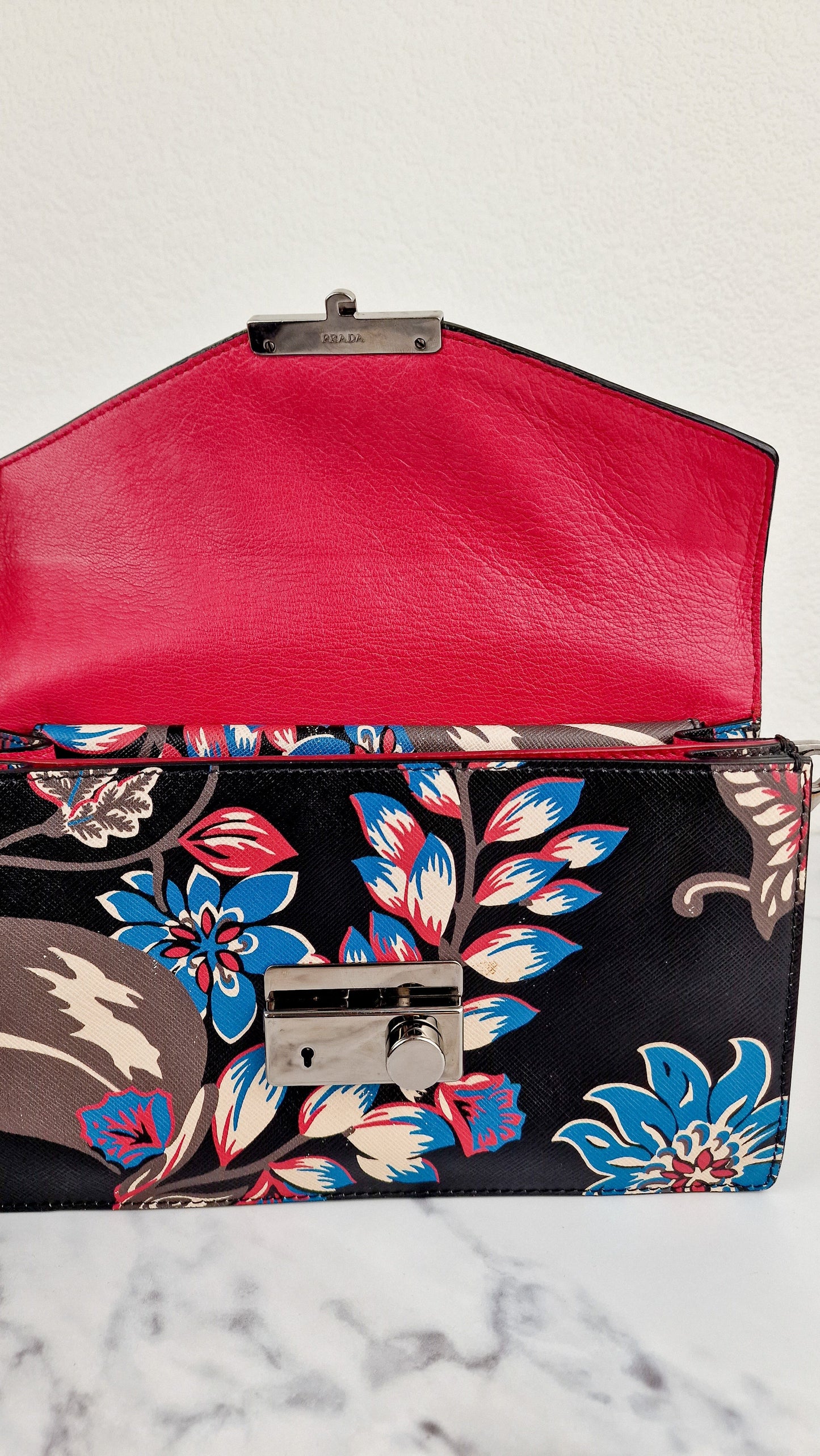 Prada Sound Bag with Floral Print - Black Saffiano Leather with Blue & Red Flowers - Handbag Shoulder Bag Prada BN924K