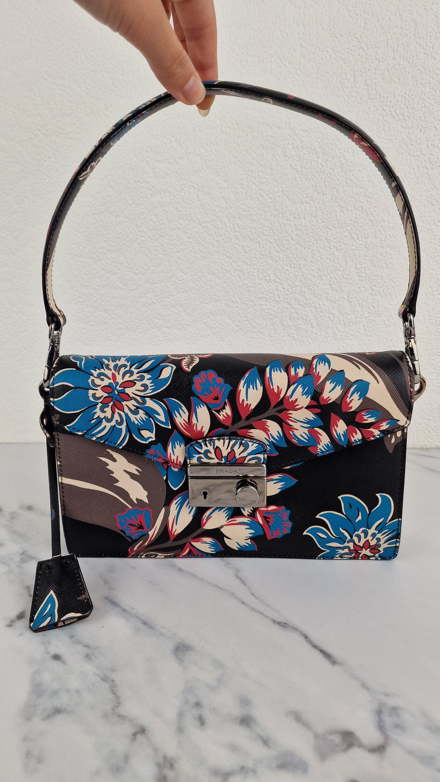 Prada Sound Bag with Floral Print - Black Saffiano Leather with Blue & Red Flowers - Handbag Shoulder Bag Prada BN924K