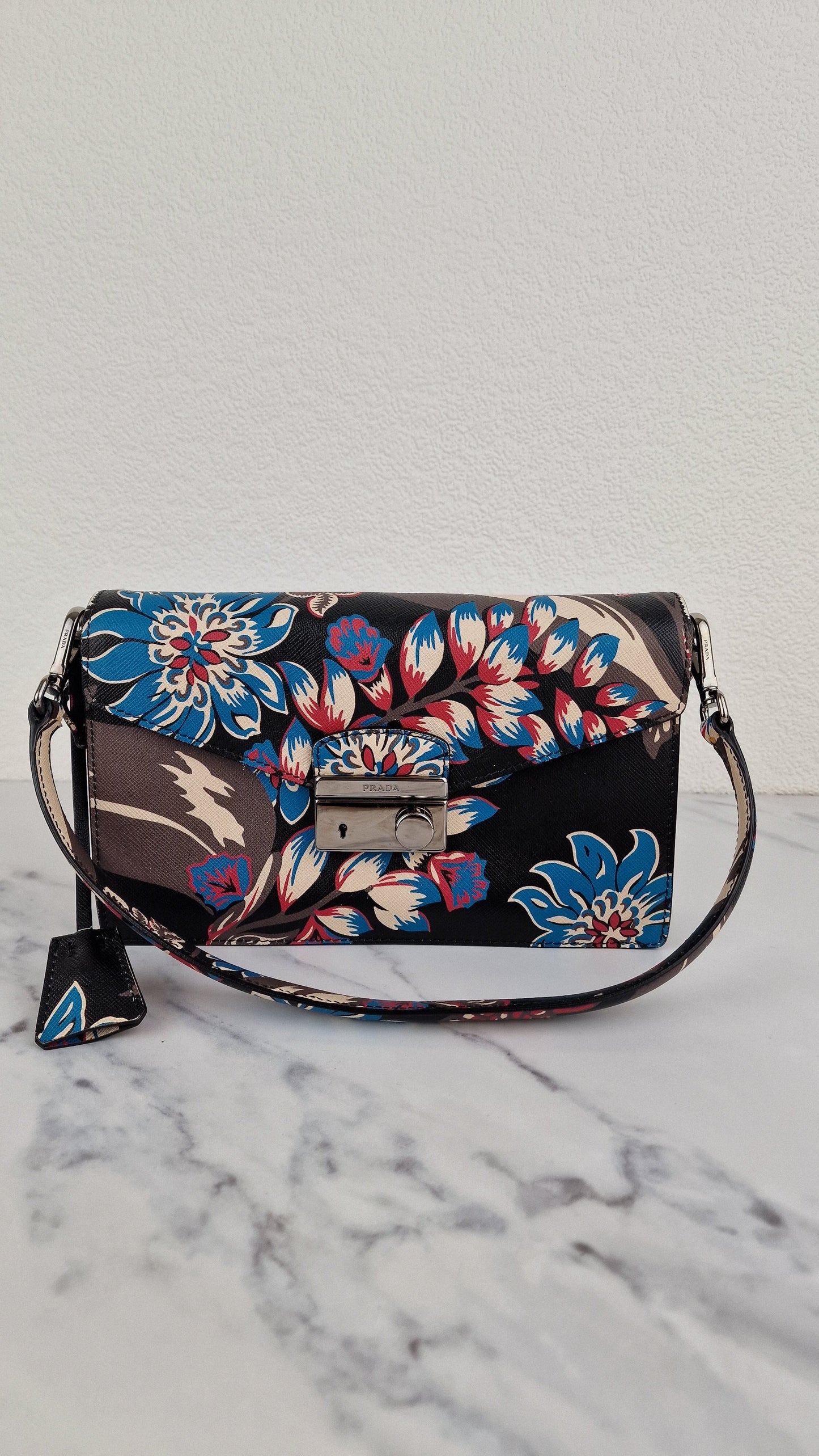 Prada Sound Bag with Floral Print - Black Saffiano Leather with Blue & Red Flowers - Handbag Shoulder Bag Prada BN924K