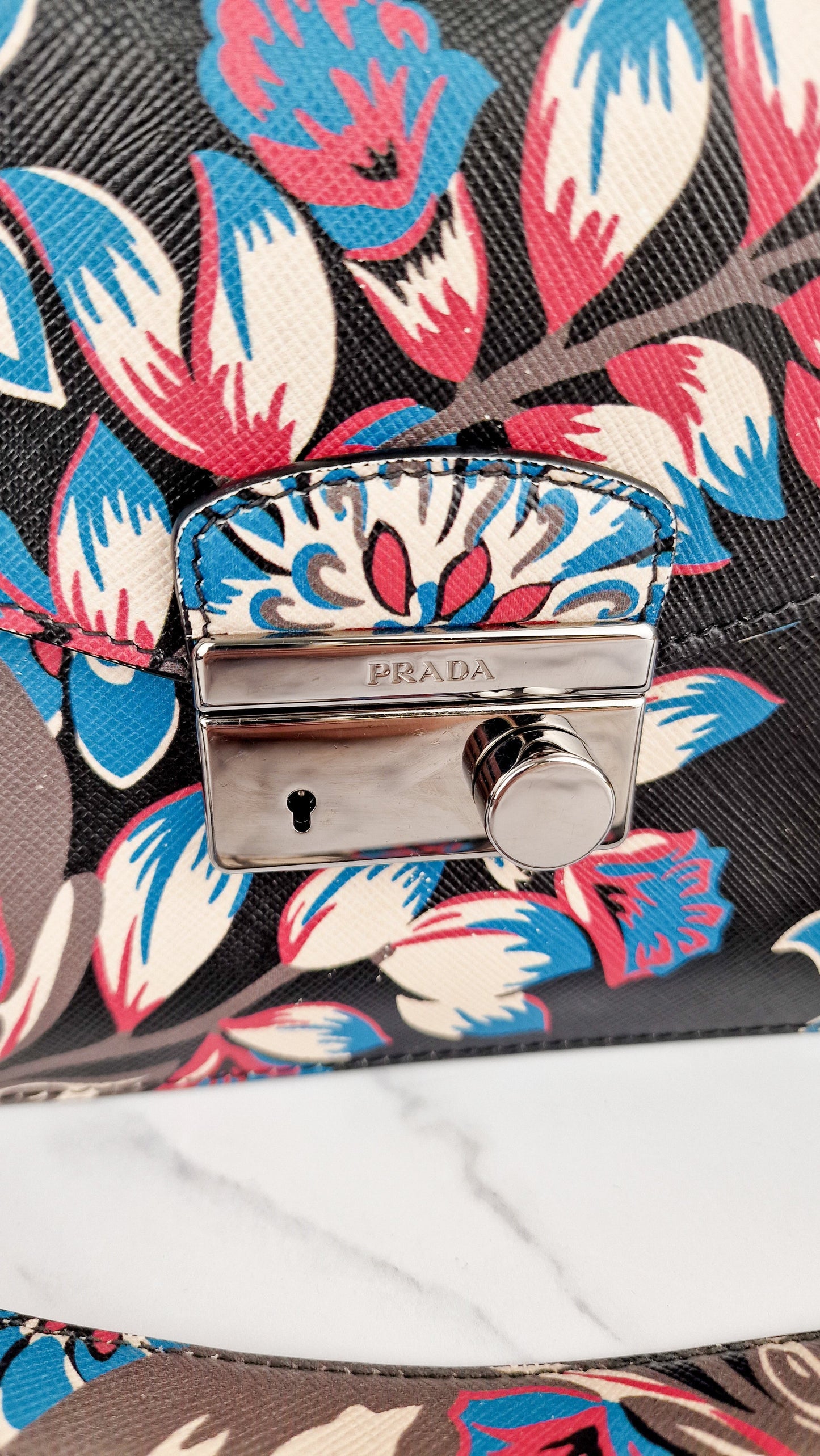 Prada Sound Bag with Floral Print - Black Saffiano Leather with Blue & Red Flowers - Handbag Shoulder Bag Prada BN924K