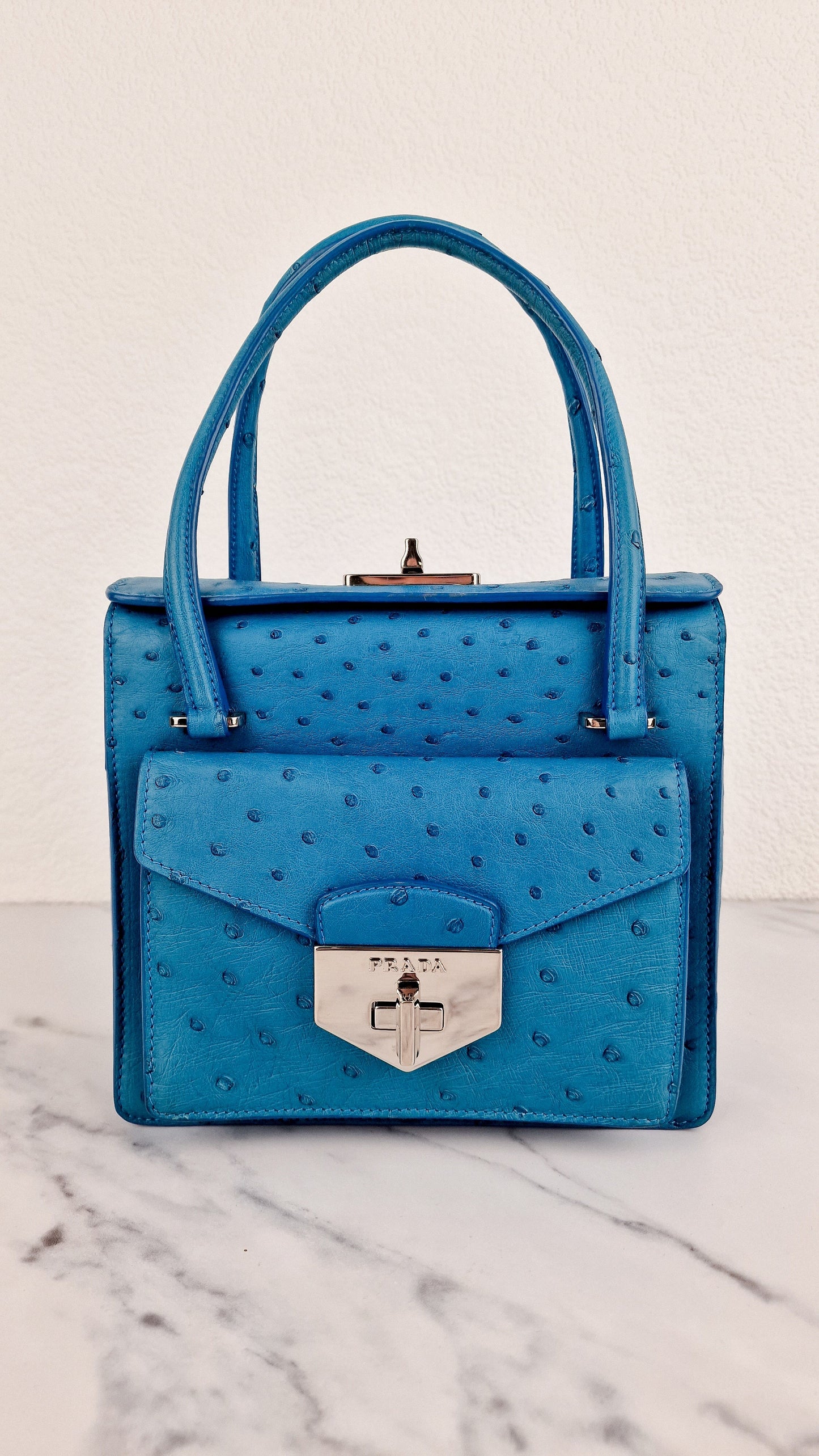 Prada Bag in Voyage Blue Ostrich Leather With Turnlock - RARE Handbag - Prada BN2708 Struzzo