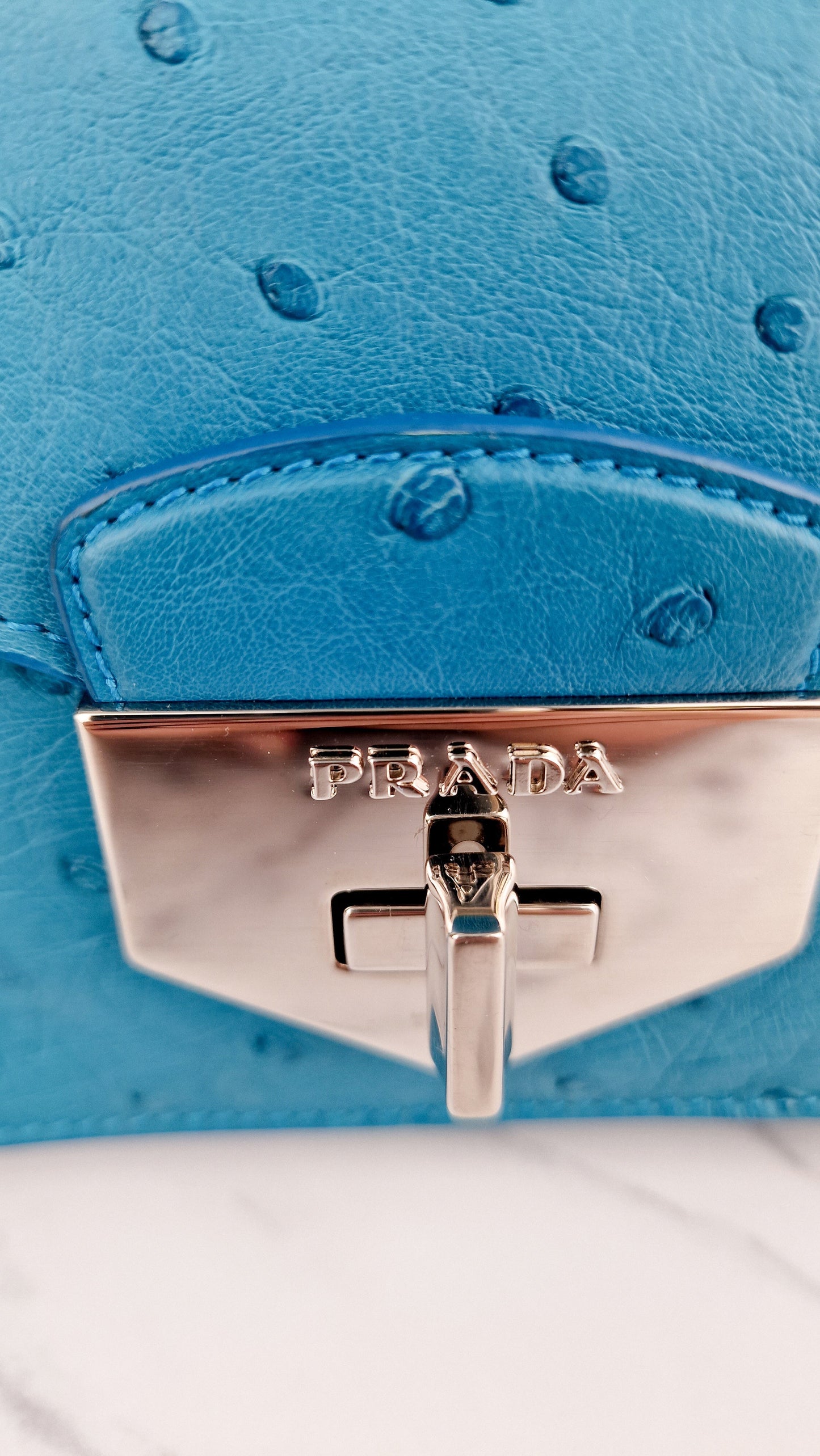 Prada Bag in Voyage Blue Ostrich Leather With Turnlock - RARE Handbag - Prada BN2708 Struzzo