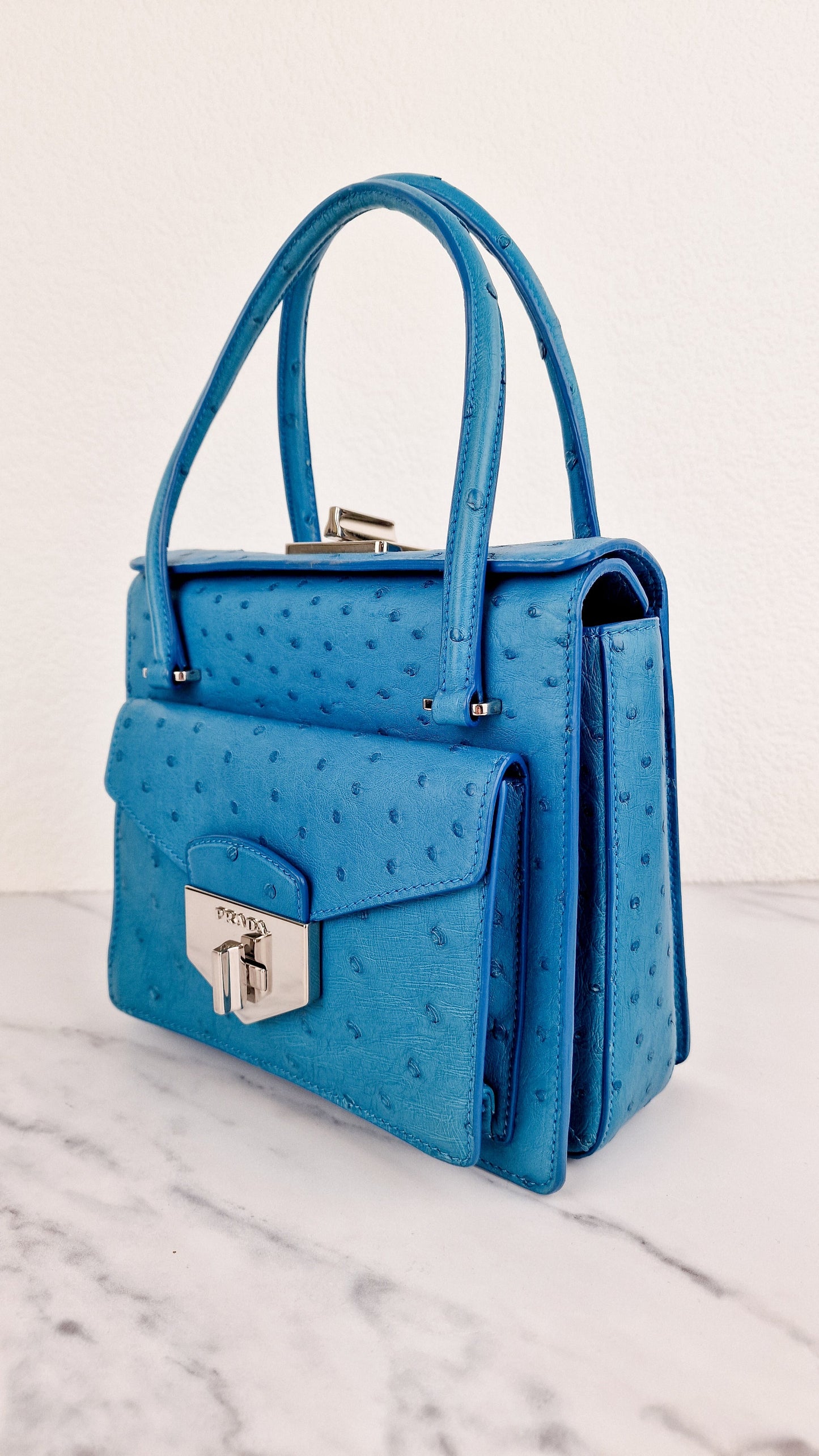 Prada Bag in Voyage Blue Ostrich Leather With Turnlock - RARE Handbag - Prada BN2708 Struzzo